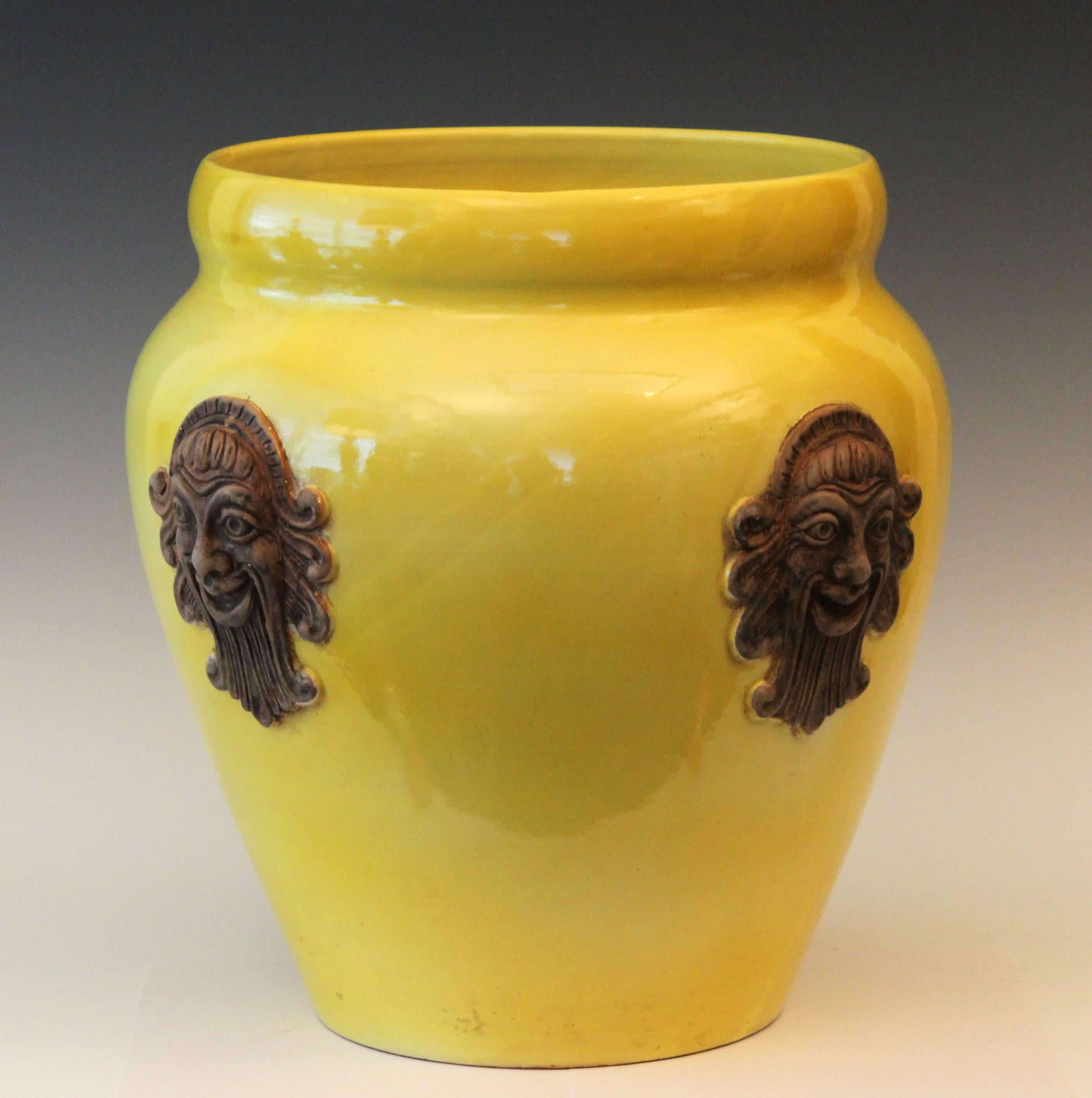 Large, vintage, hand turned Zaccagnini Greek mask jardiniere in sunny yellow glaze, circa 1960. 16