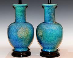 Paire de grandes lampes à lave turquoise mouchetées en céramique de Haeger