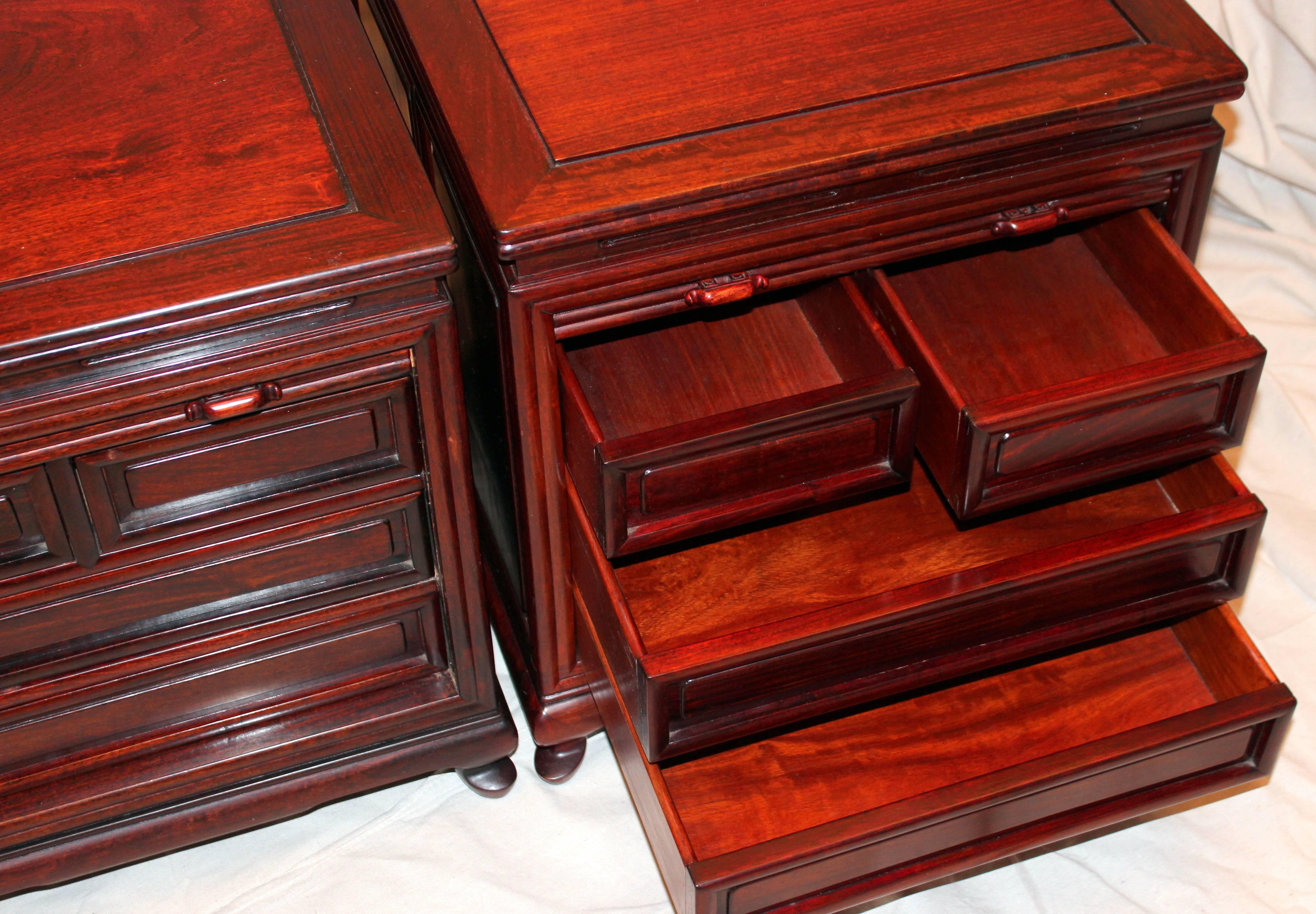  Pair Vintage Chinese Rosewood Tambor Side Bed Storage Drawer Tables In Excellent Condition In Wilton, CT