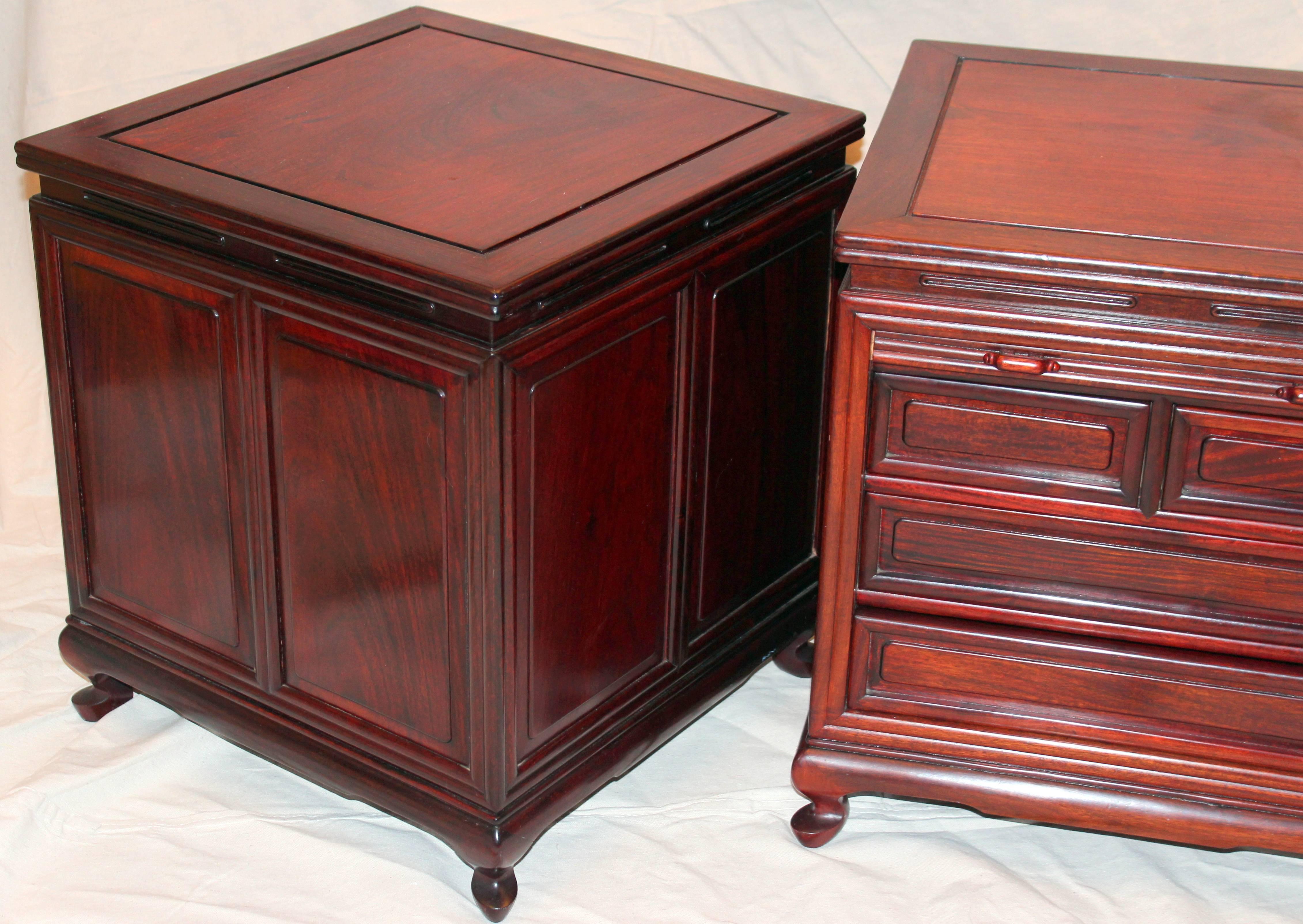 Late 20th Century  Pair Vintage Chinese Rosewood Tambor Side Bed Storage Drawer Tables