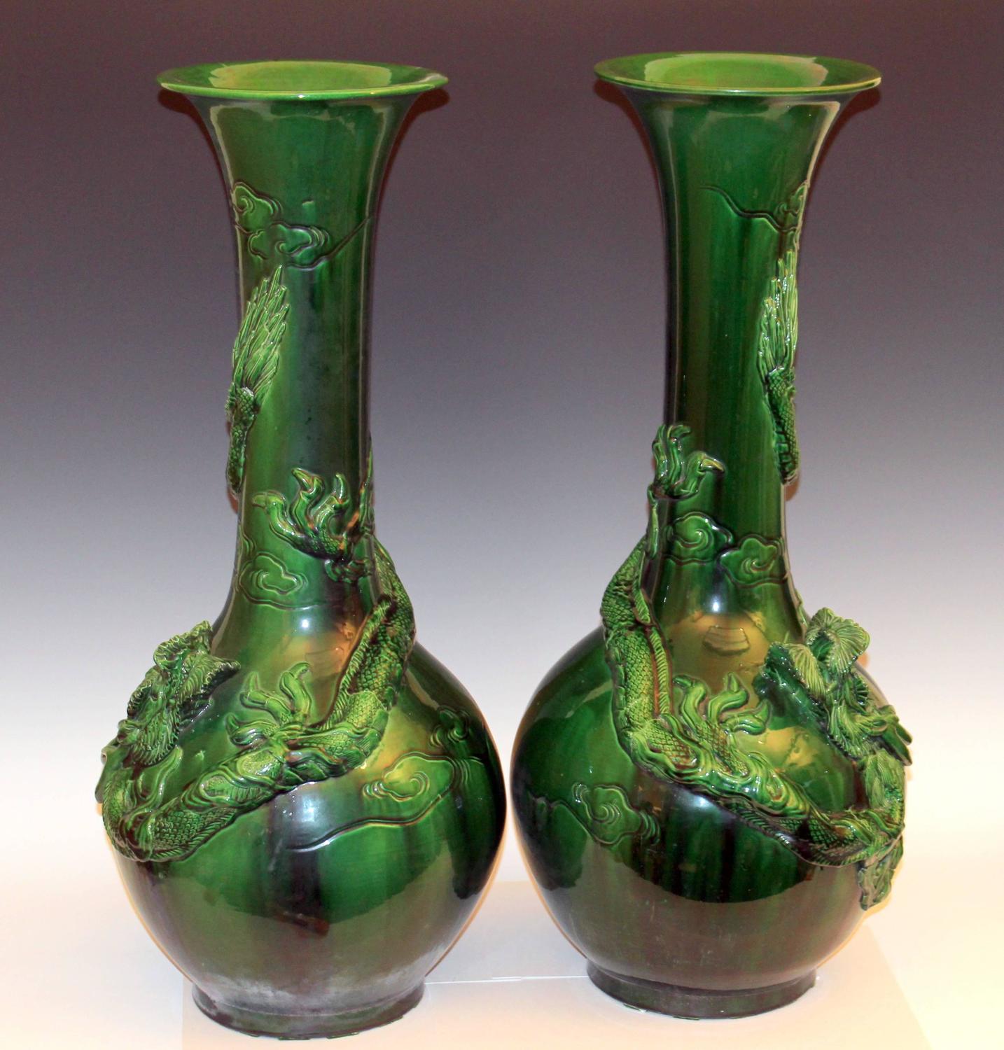 Large Matched Pair Antique Awaji Pottery Dragon Vases For Sale at 1stdibs