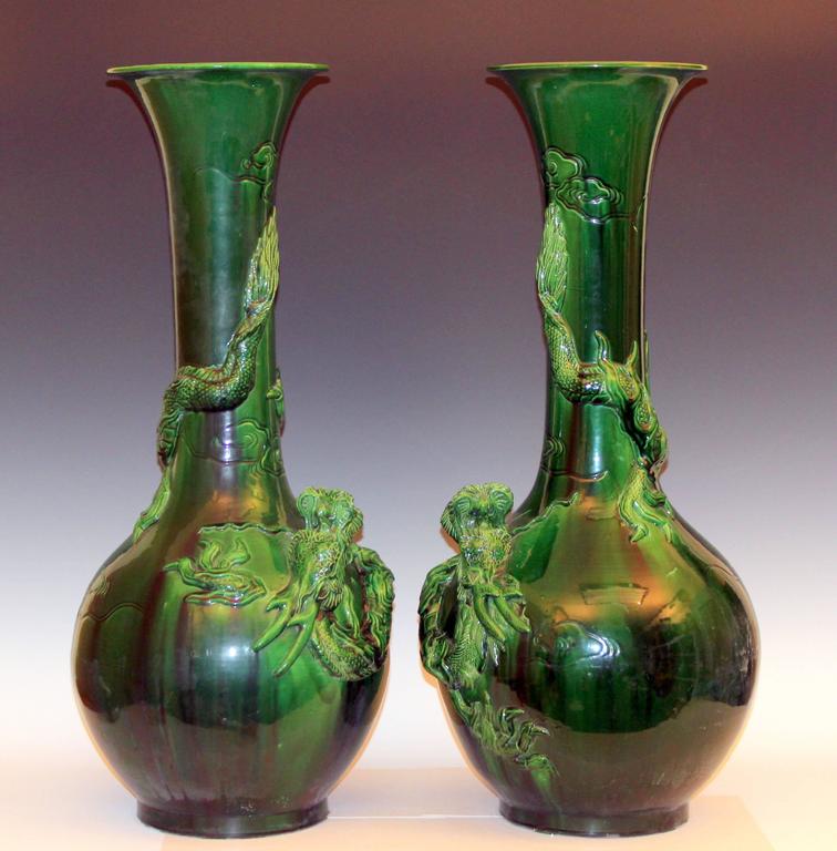 Large Matched Pair Antique Awaji Pottery Dragon Vases For Sale at 1stDibs