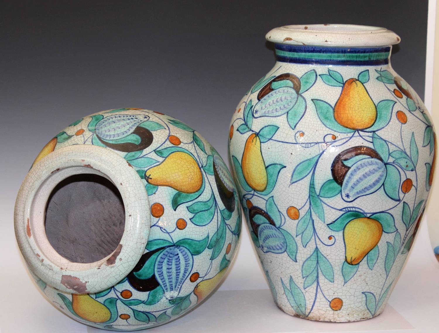 Large Pair Vintage Italian Pottery Faience Majolica Vases Urns Old Deruta For Sale at 1stdibs