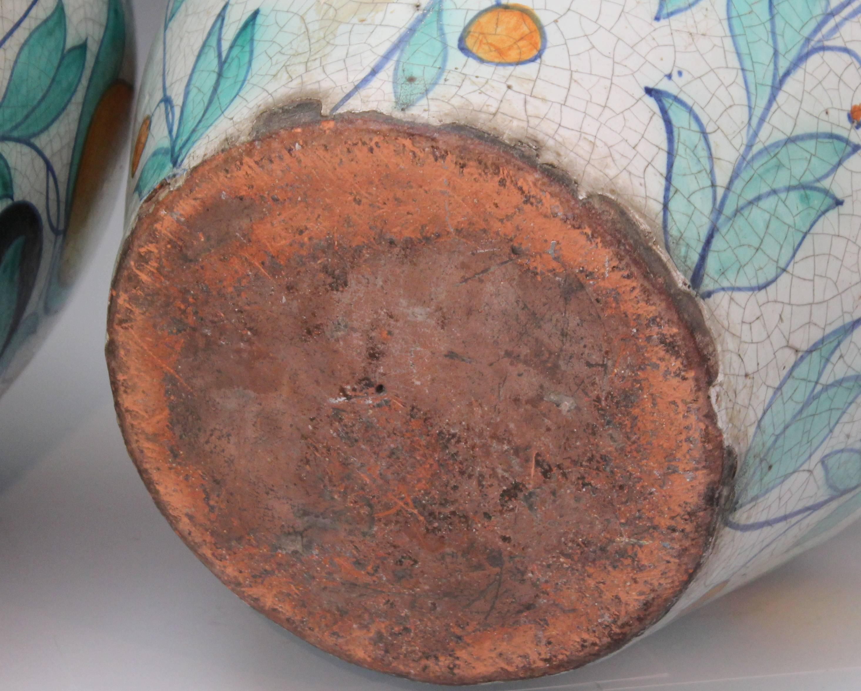 Northern Renaissance Large Pair Vintage Italian Pottery Faience Majolica Vases Urns Old Deruta 