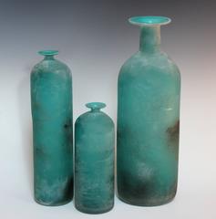 Set of Three Vintage Murano Scavo Aqua Vases by Gino Cedenese
