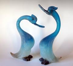 Matched Pair Vintage Italian Murano Scavo Glass Swan Figures Gino Cenedese