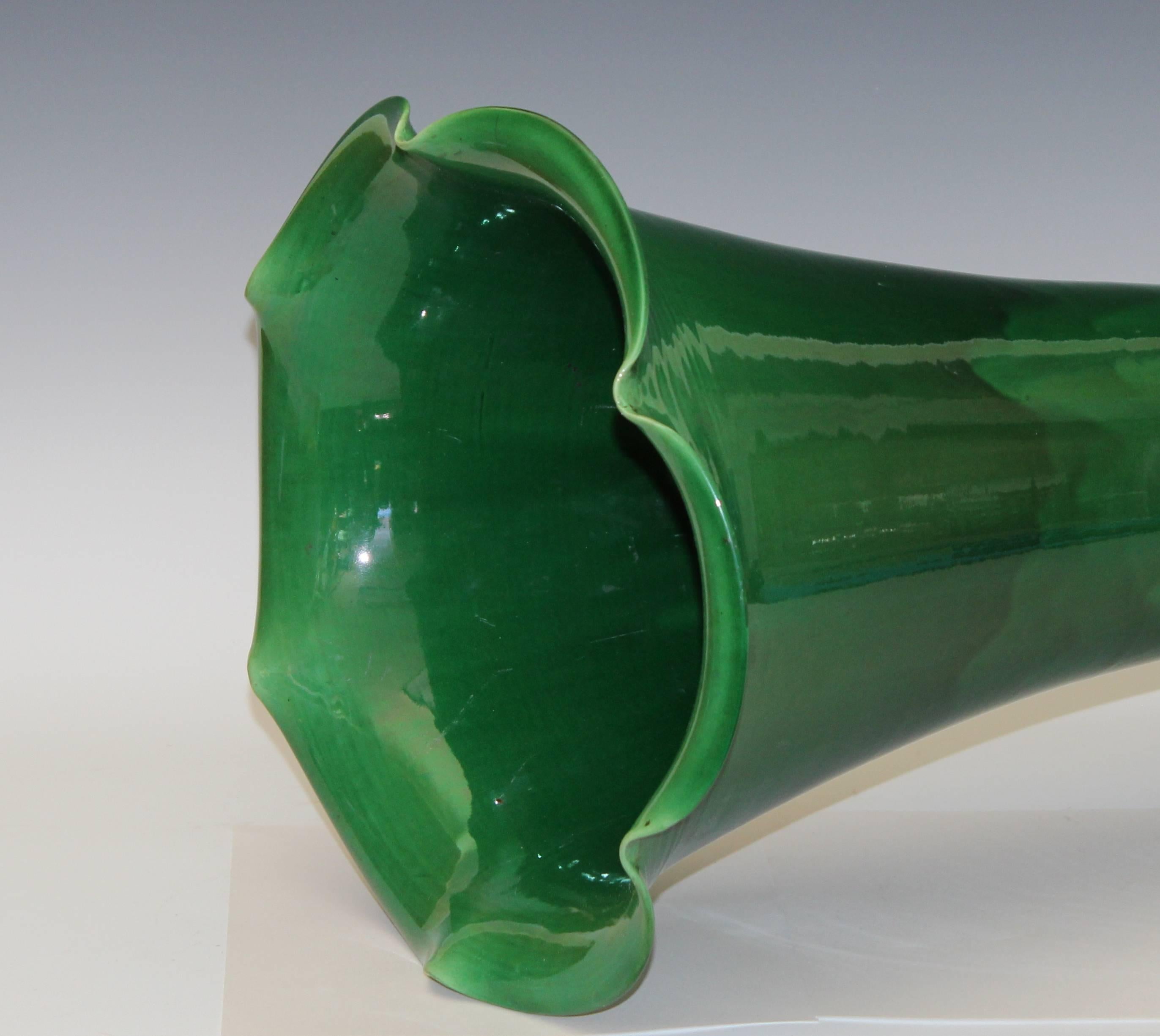 Turned Large Art Nouveau Awaji Pottery Ruffle Rim Trumpet Form Vase For Sale