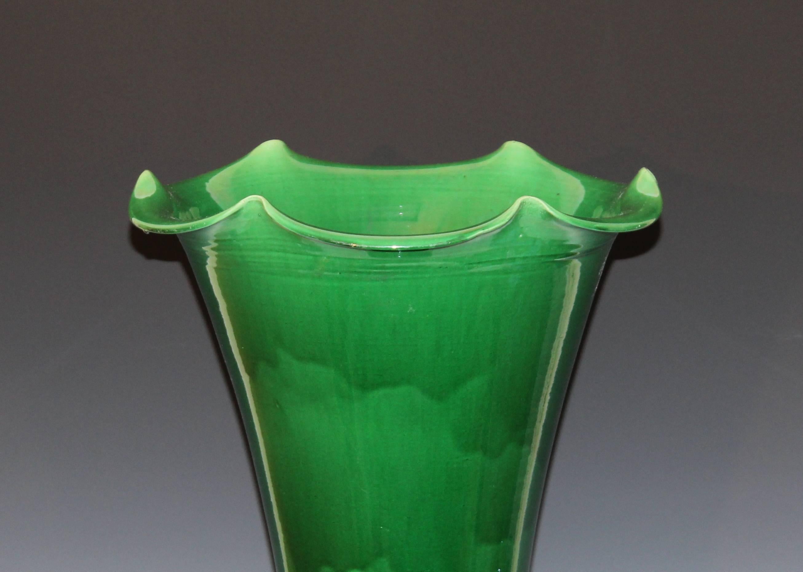 Large Art Nouveau Awaji Pottery Ruffle Rim Trumpet Form Vase For Sale 2