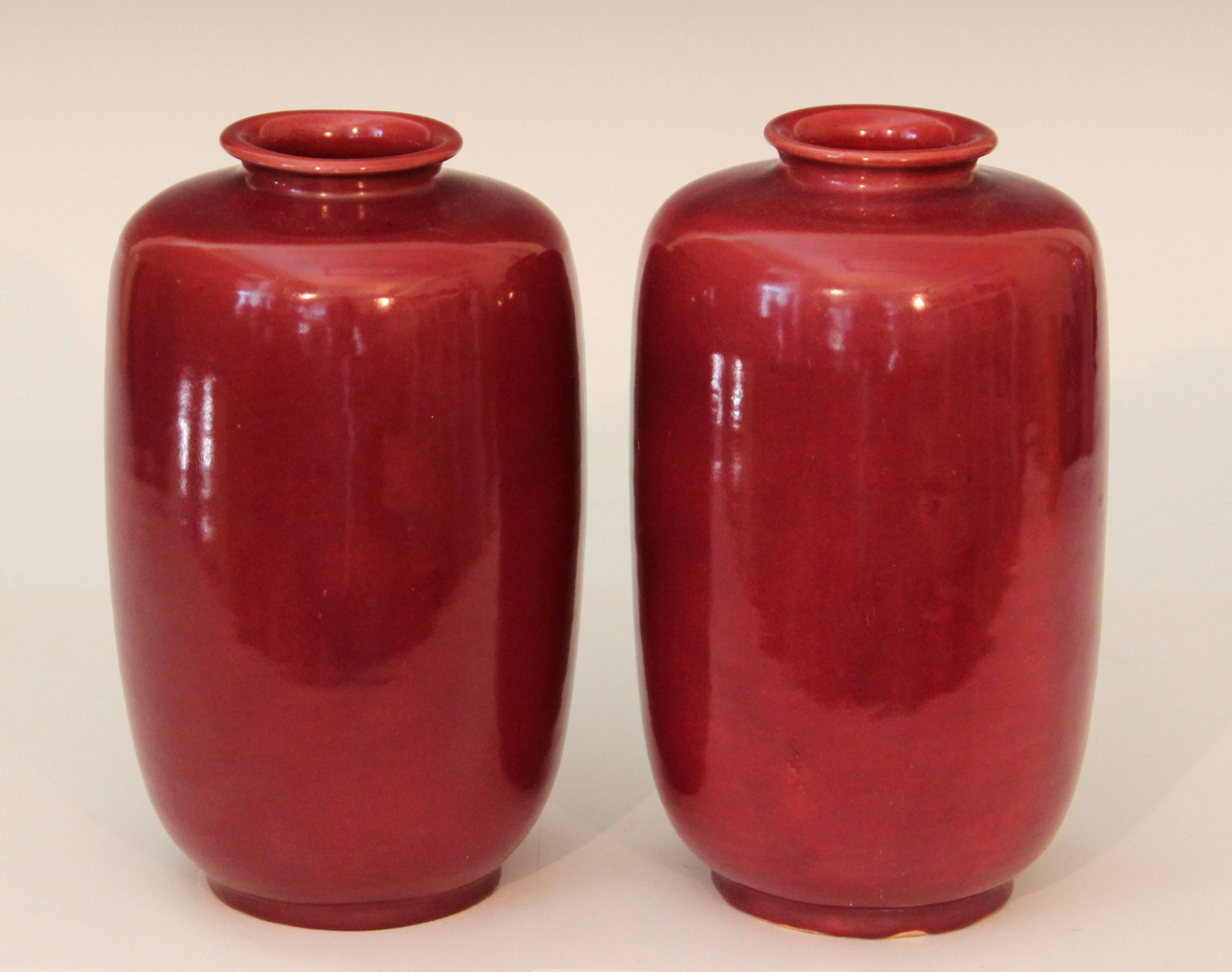 Art Nouveau Pair of Old or Antique Awaji Pottery Burgundy Glazed Ginger Jars For Sale