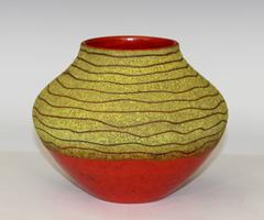 Vintage Italian Art Pottery Raymor Vase Frothy Yellow and Atomic Orange Glaze