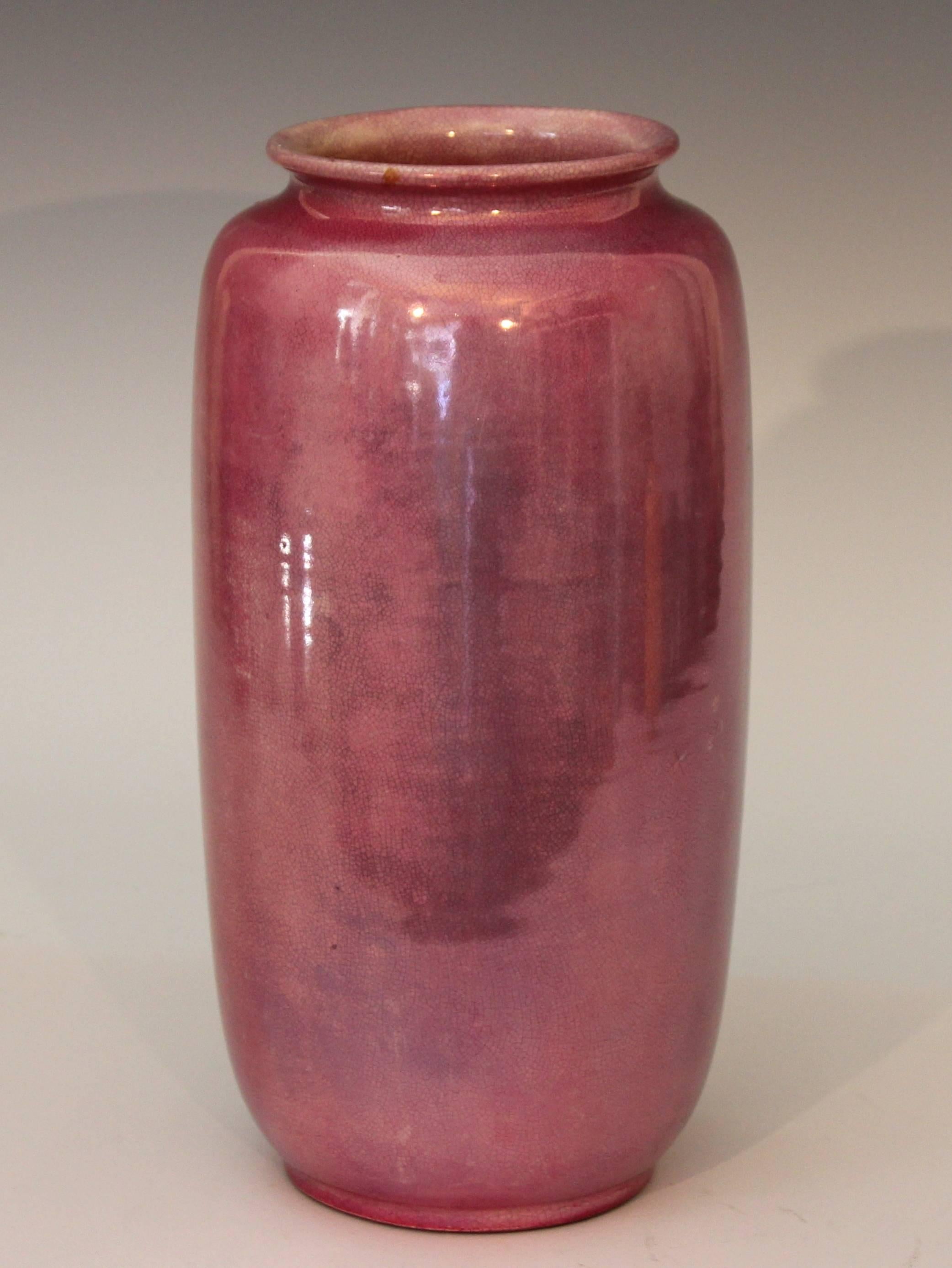 Large Awaji tea jar vase in iridescent purple luster glaze, circa 1920. Measures: 10 1/2
