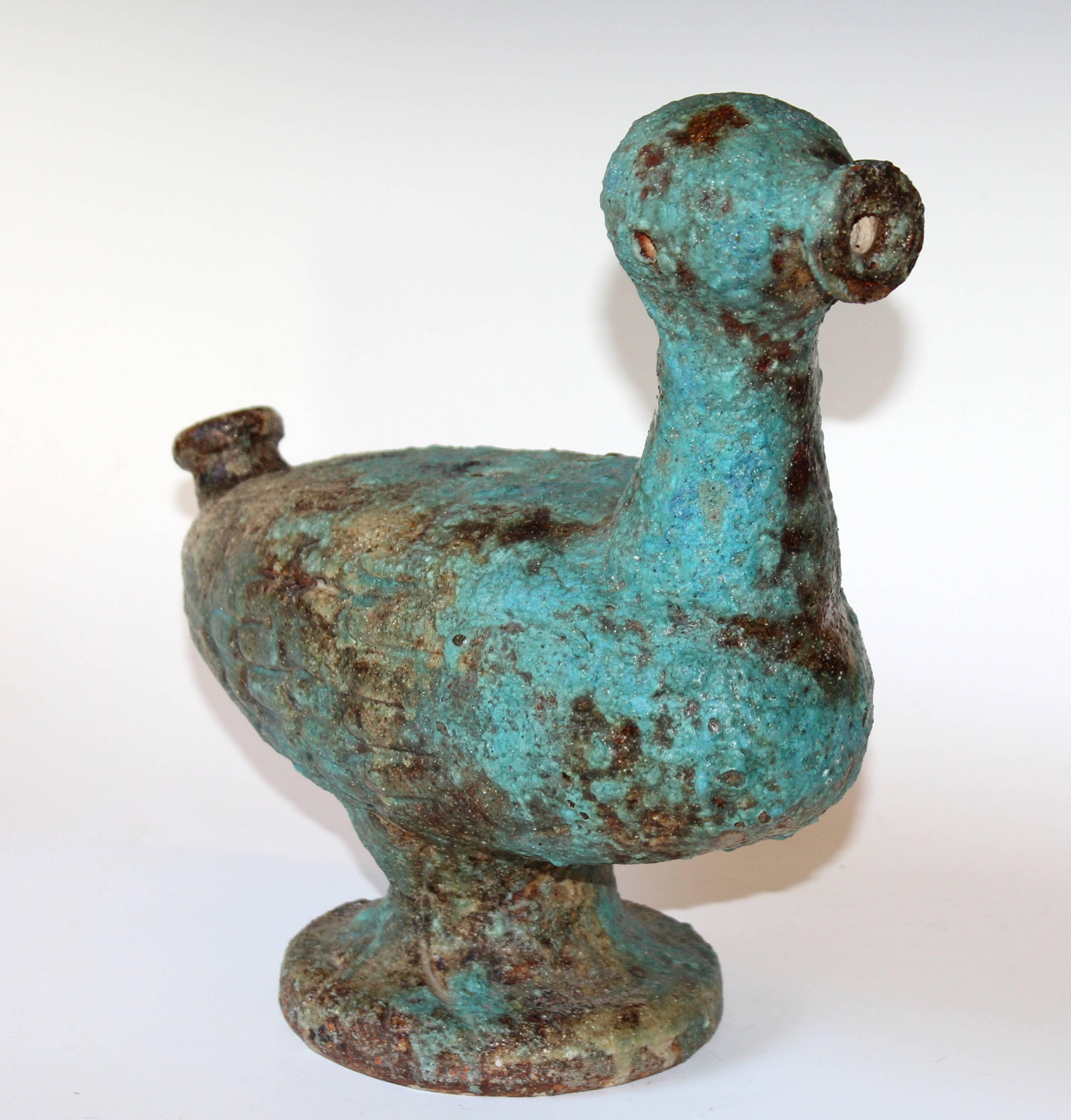 Mid-Century Modern Vintage Italian Pottery Blue Lava Scavo Glaze Raymor Duck Bird Figure