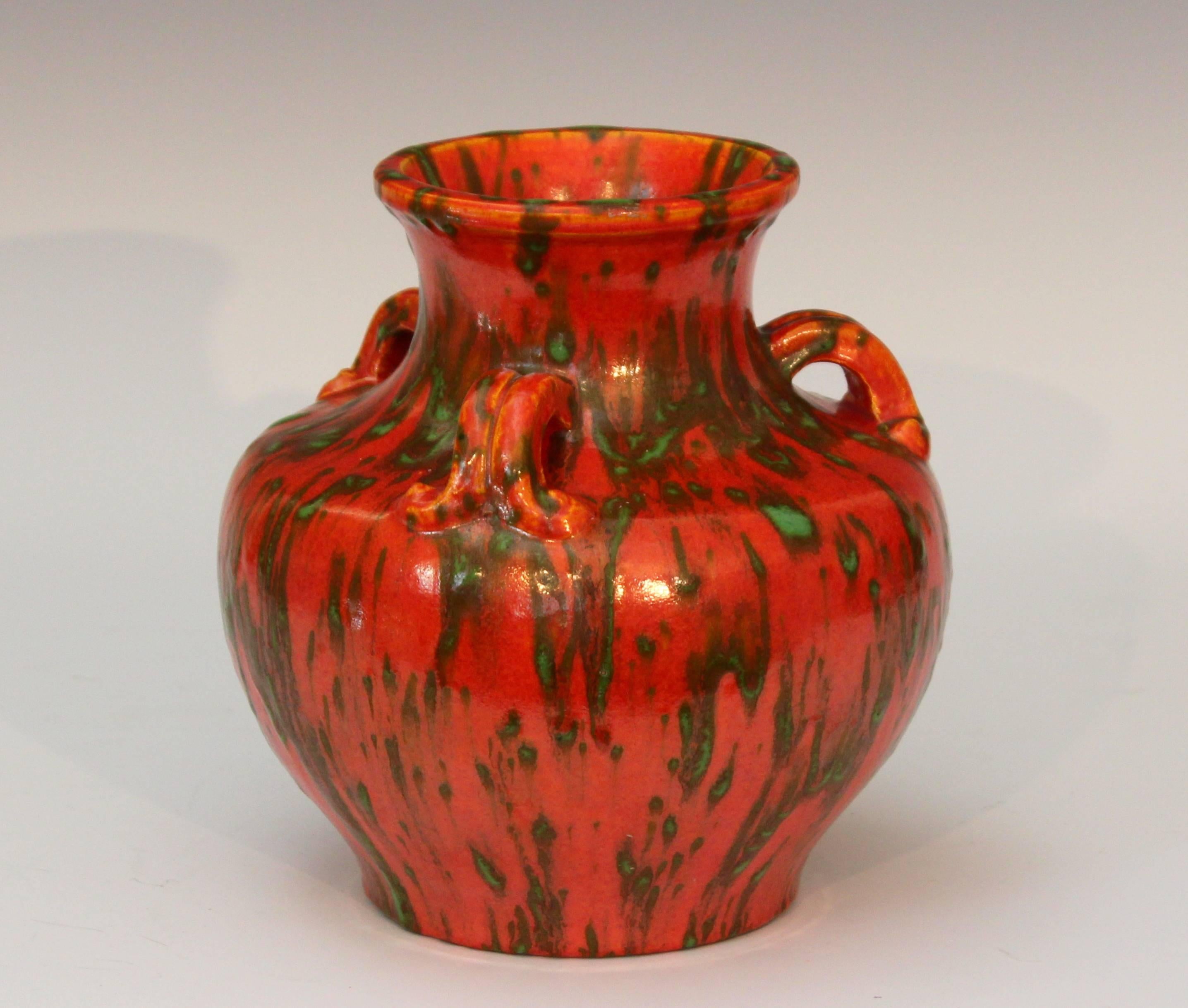 Turned Awaji Pottery Japanese Art Deco Vase with Mottled Chrome Orange Glaze