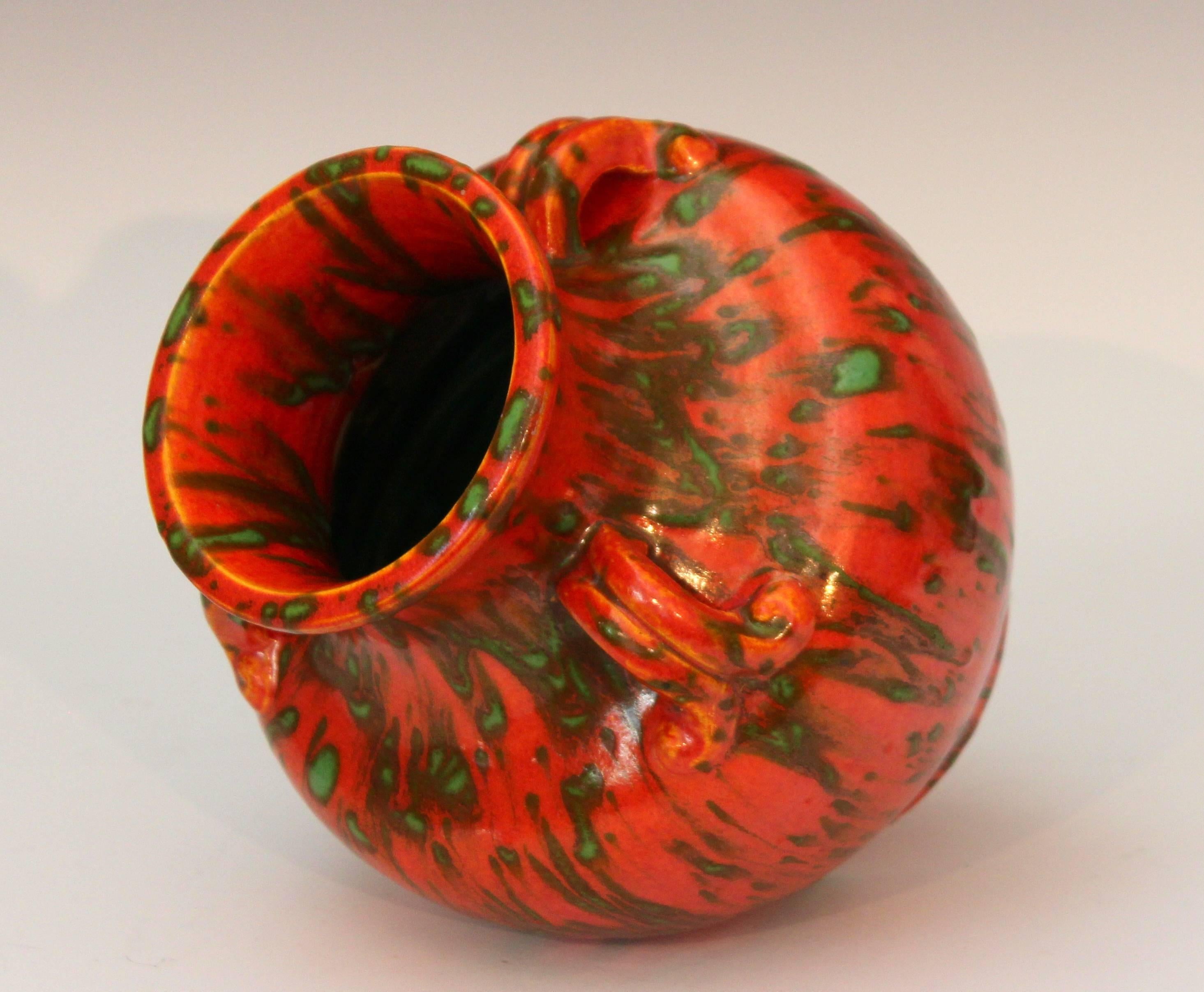 Awaji Pottery Japanese Art Deco Vase with Mottled Chrome Orange Glaze In Excellent Condition In Wilton, CT
