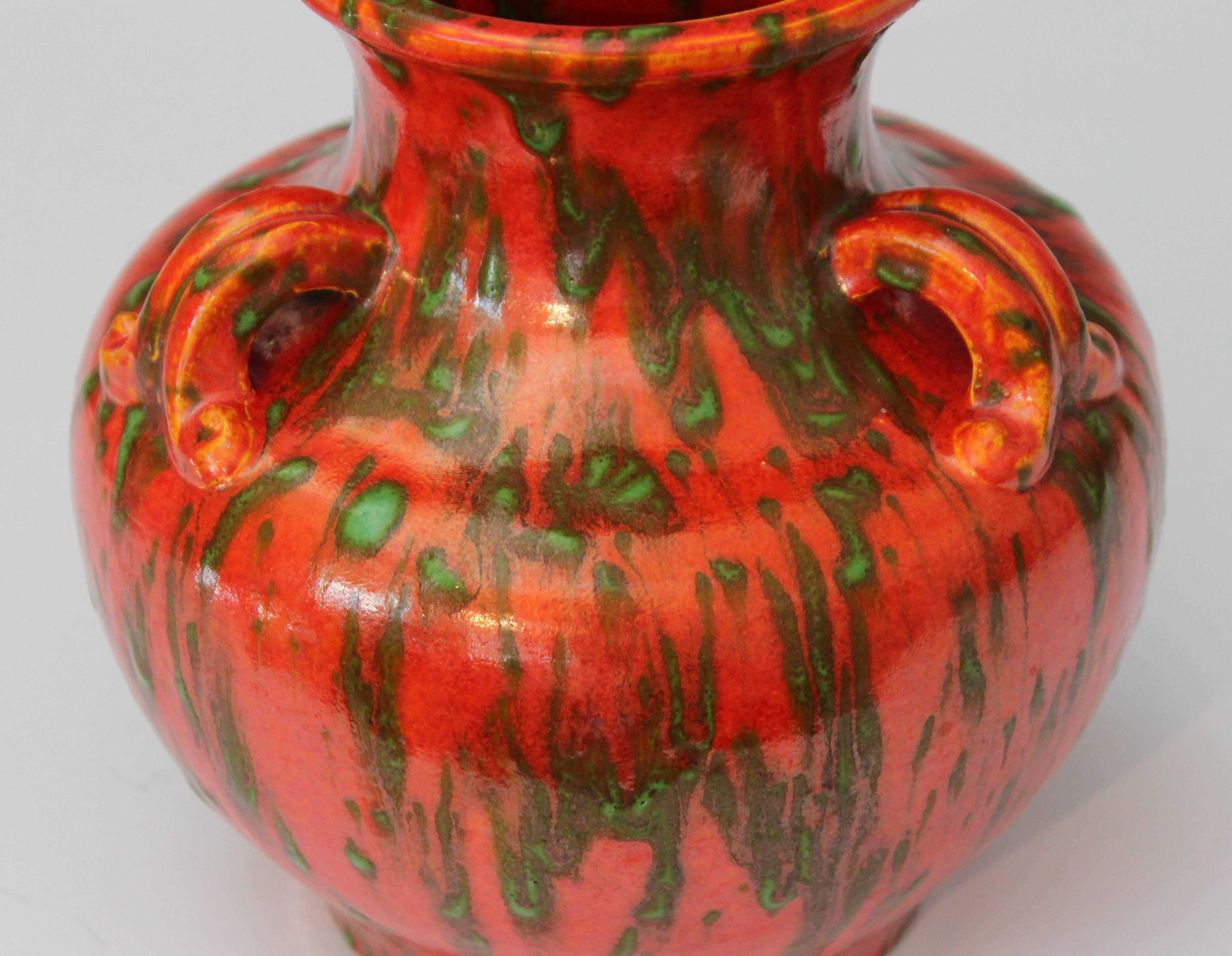 Awaji Pottery Japanese Art Deco Vase with Mottled Chrome Orange Glaze 1