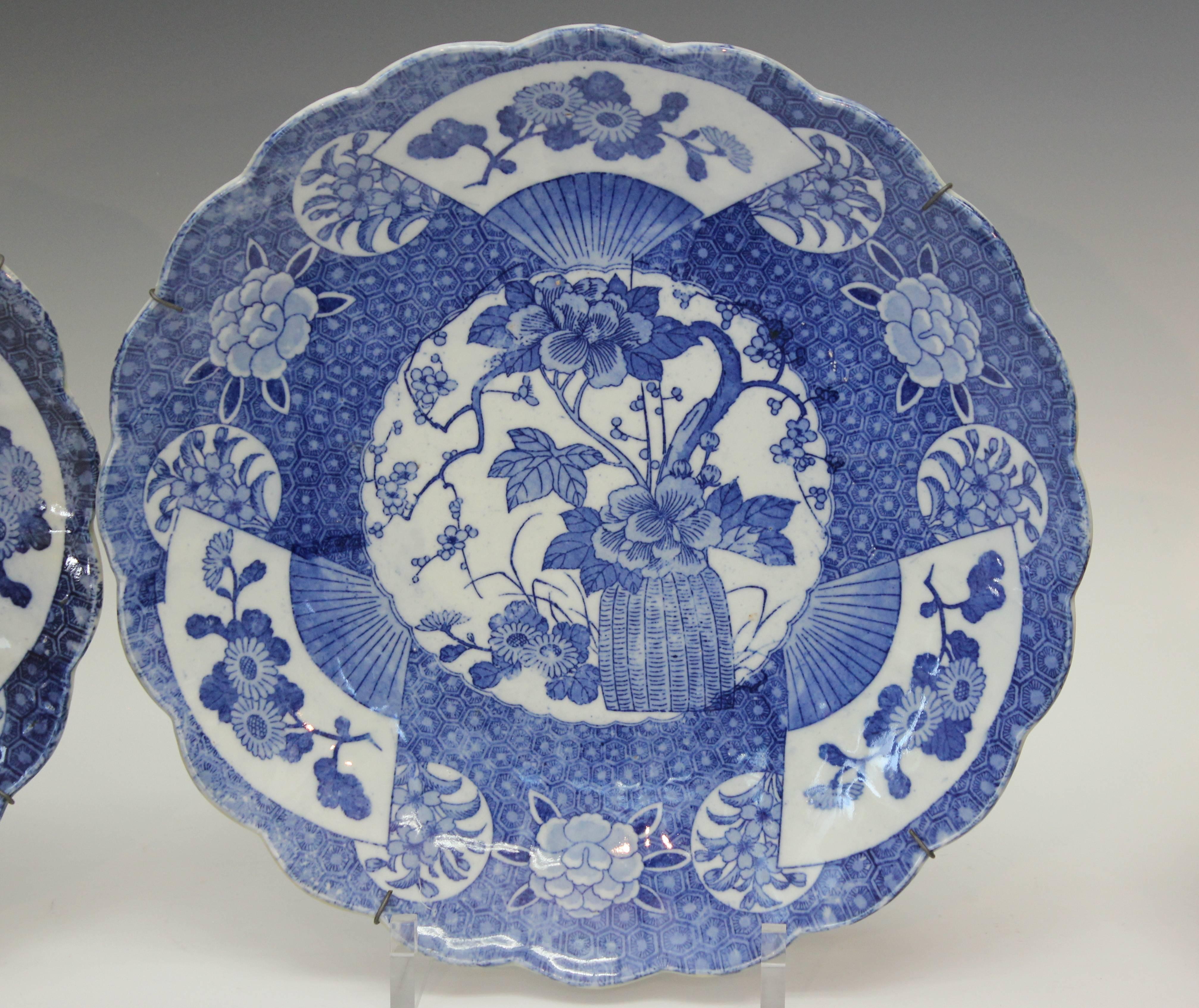 Meiji Pair Antique Japanese Porcelain Blue & White Transfer Foliated Chargers