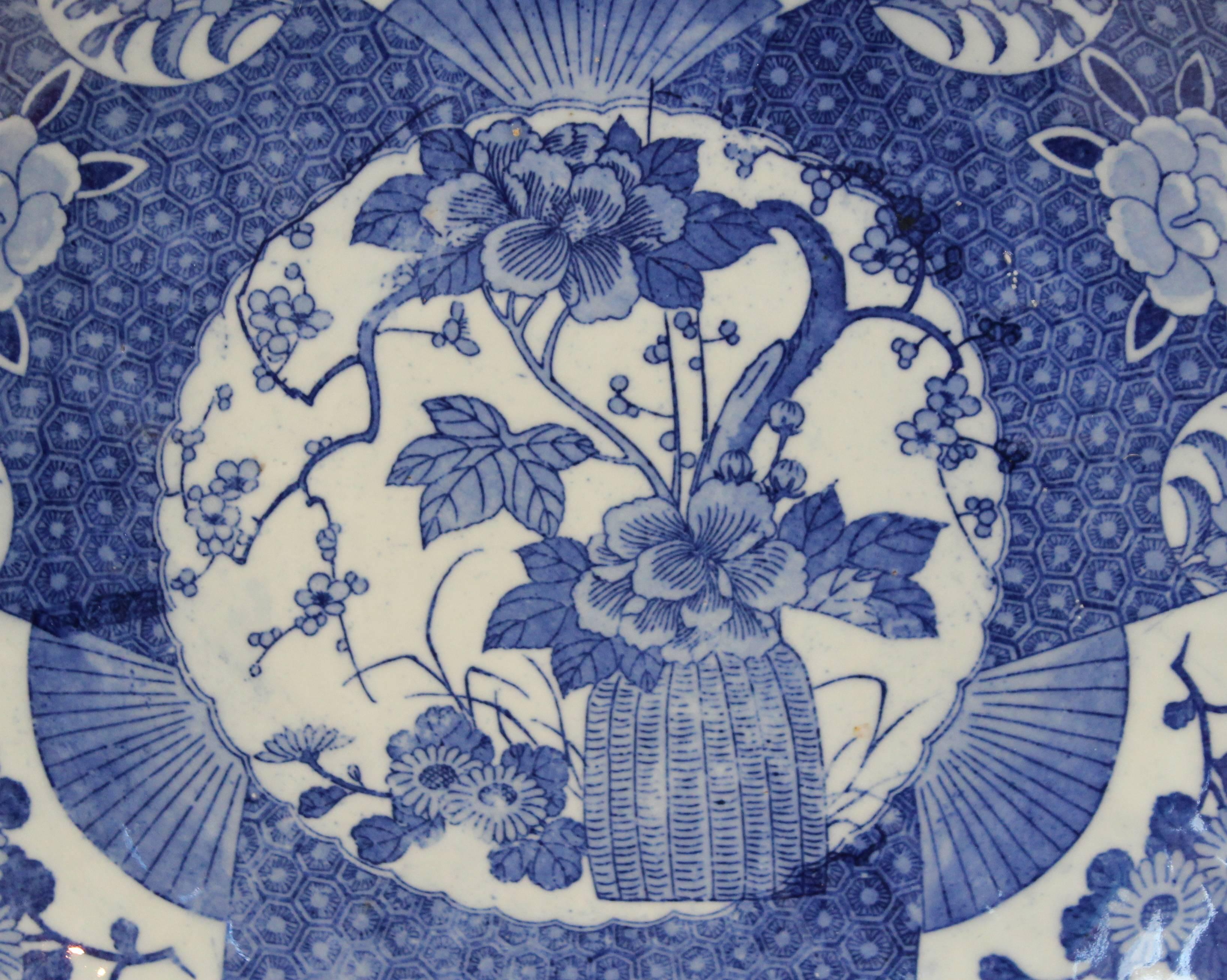 Pair Antique Japanese Porcelain Blue & White Transfer Foliated Chargers In Excellent Condition In Wilton, CT