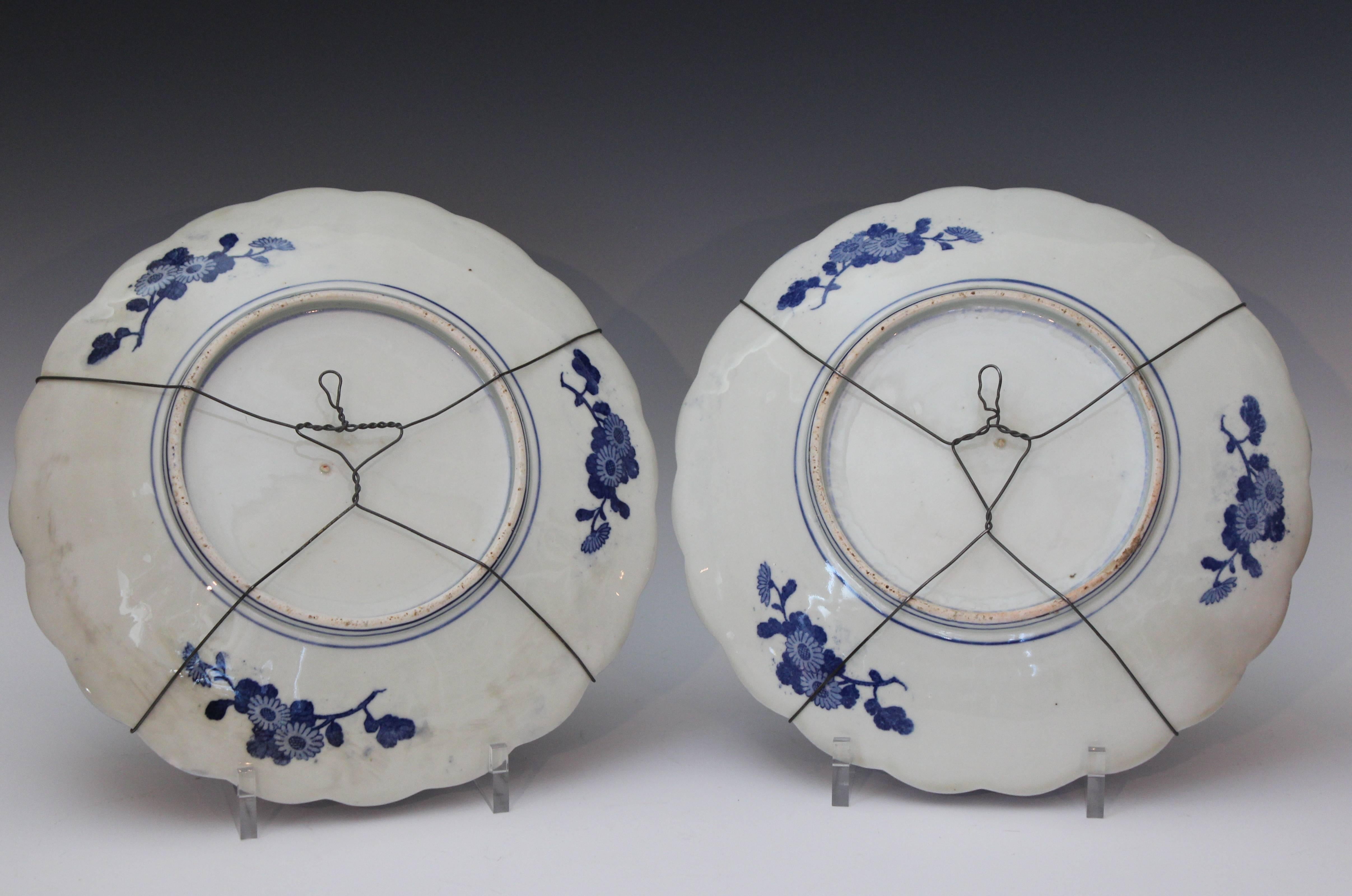Pair Antique Japanese Porcelain Blue & White Transfer Foliated Chargers 3