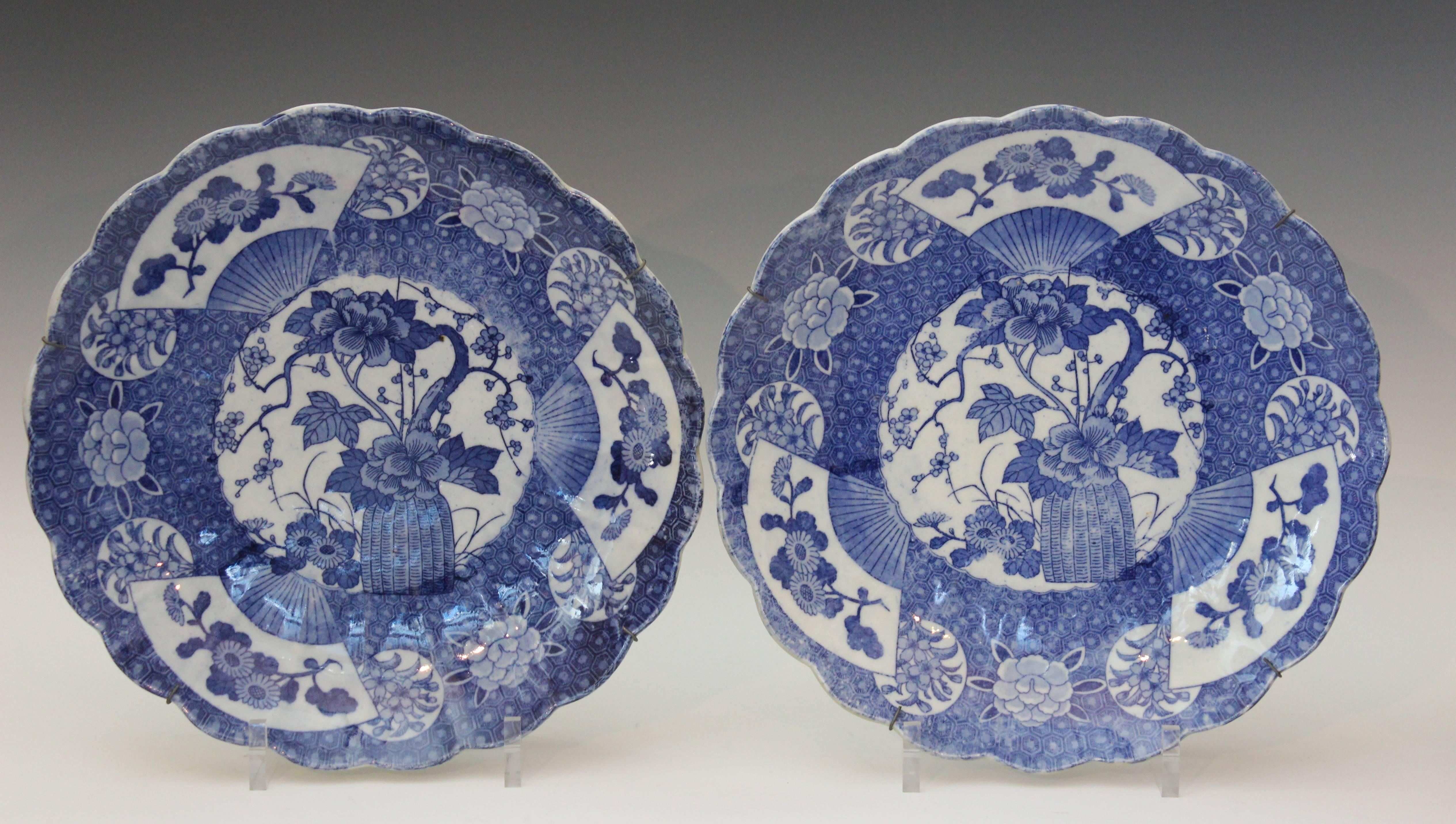Pair Antique Japanese Porcelain Blue & White Transfer Foliated Chargers 5
