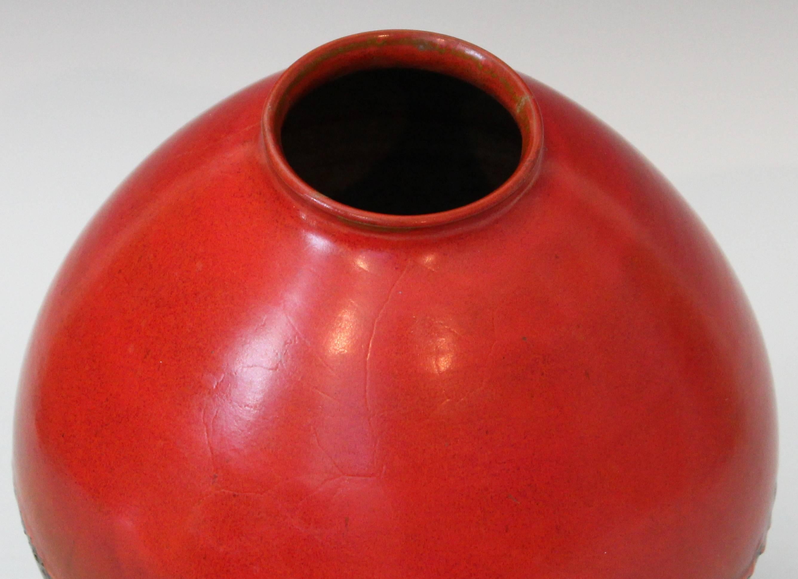 Turned Big Mid-Century Studio Pottery Vase Uranium Orange Drip Glaze, Style of Natzler