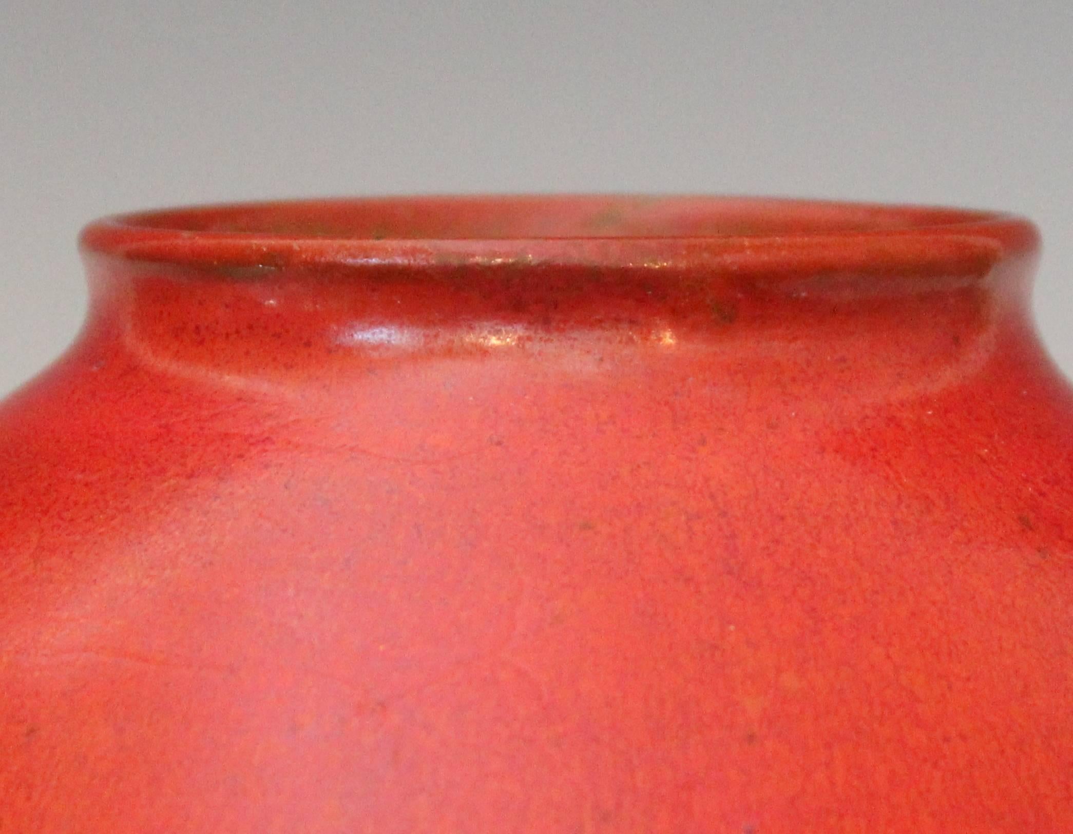 Big Mid-Century Studio Pottery Vase Uranium Orange Drip Glaze, Style of Natzler 1