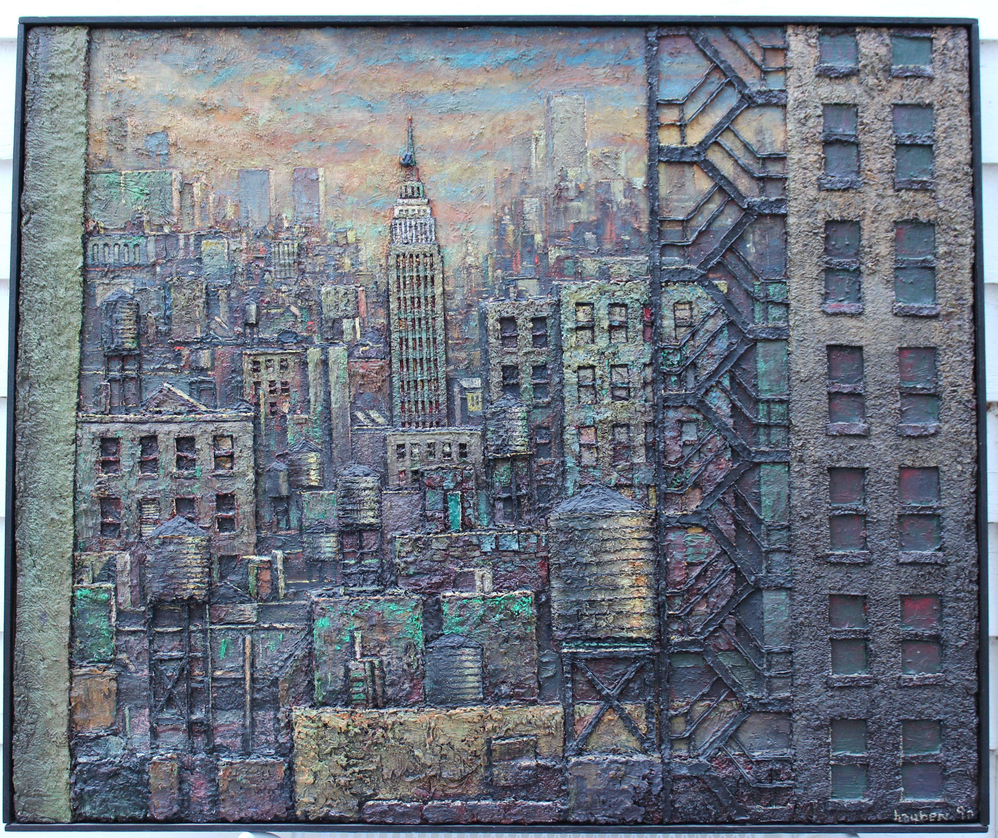 Daniel Hauben Dipinto Skyline NYC Empire State Bldg. Trade Center in vendita 4