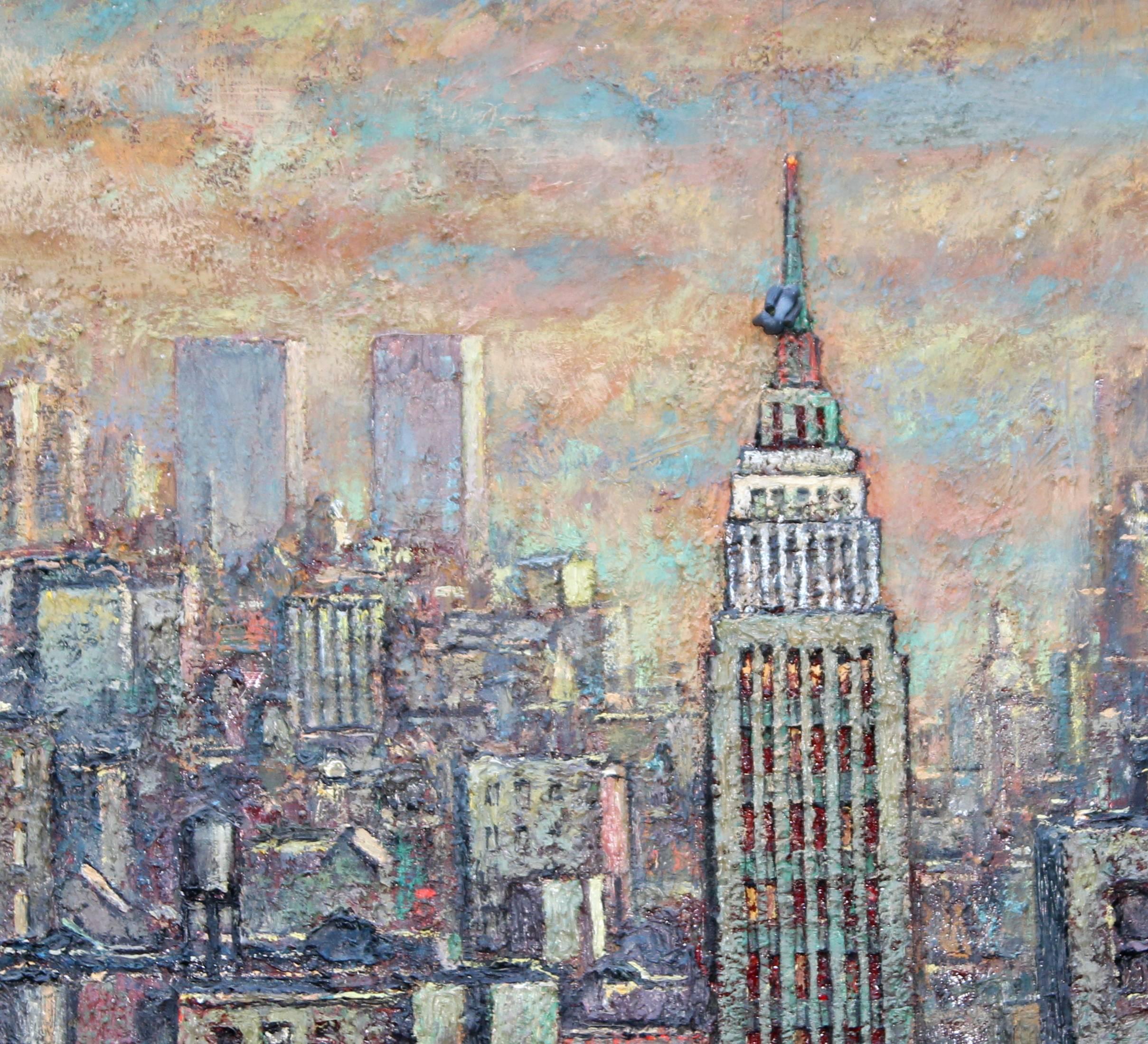 Daniel Hauben dipinge un paesaggio urbano a basso rilievo in un impasto pesante dal titolo 