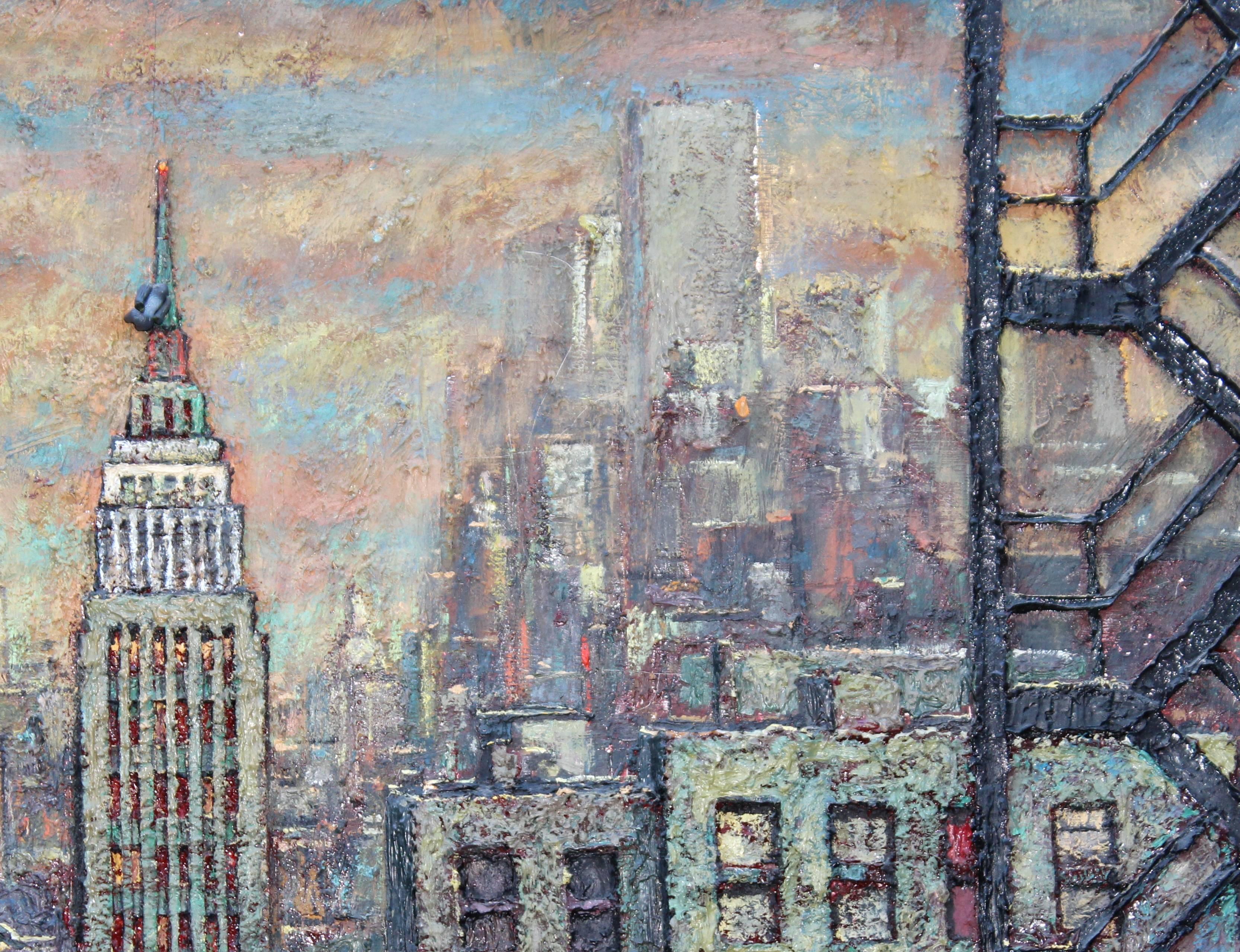 Modern Daniel Hauben Painting NYC Skyline Empire State Bldg. Trade Center For Sale