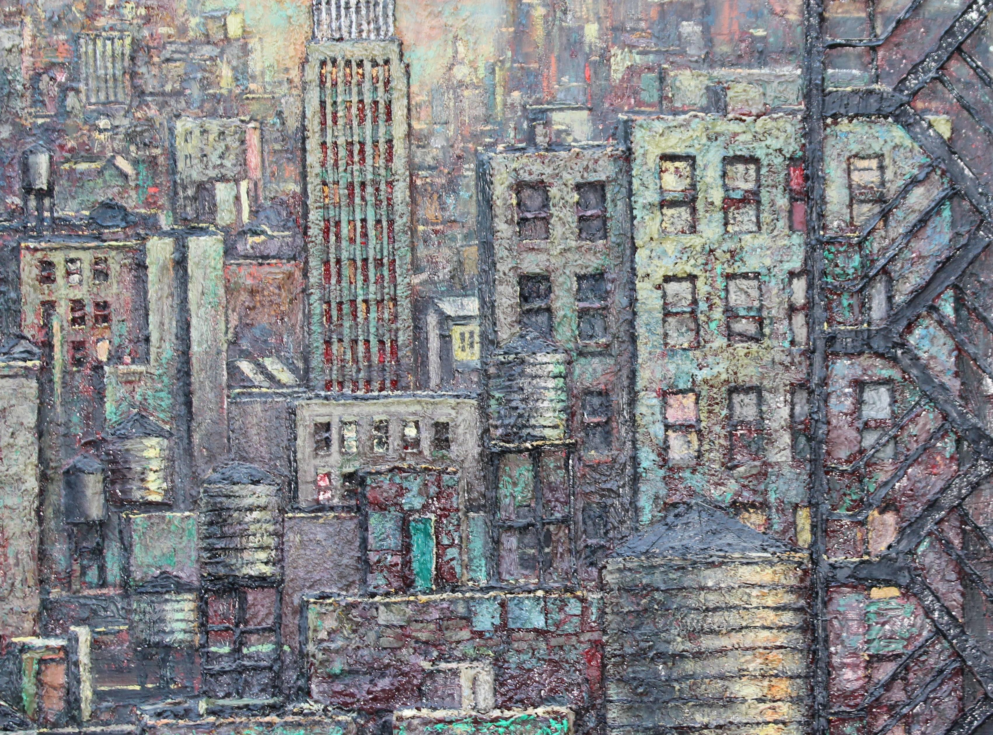 Painted Daniel Hauben Painting NYC Skyline Empire State Bldg. Trade Center For Sale