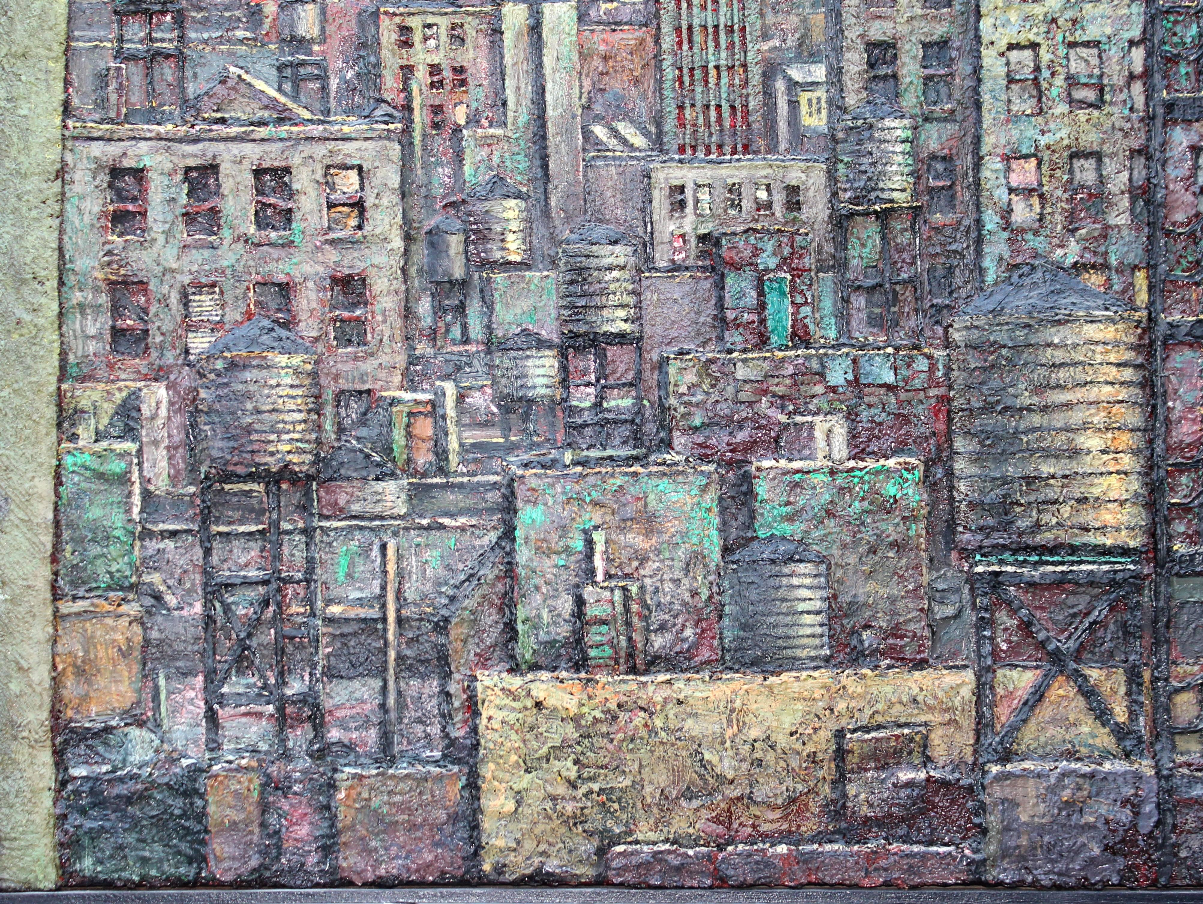 Late 20th Century Daniel Hauben Painting NYC Skyline Empire State Bldg. Trade Center For Sale