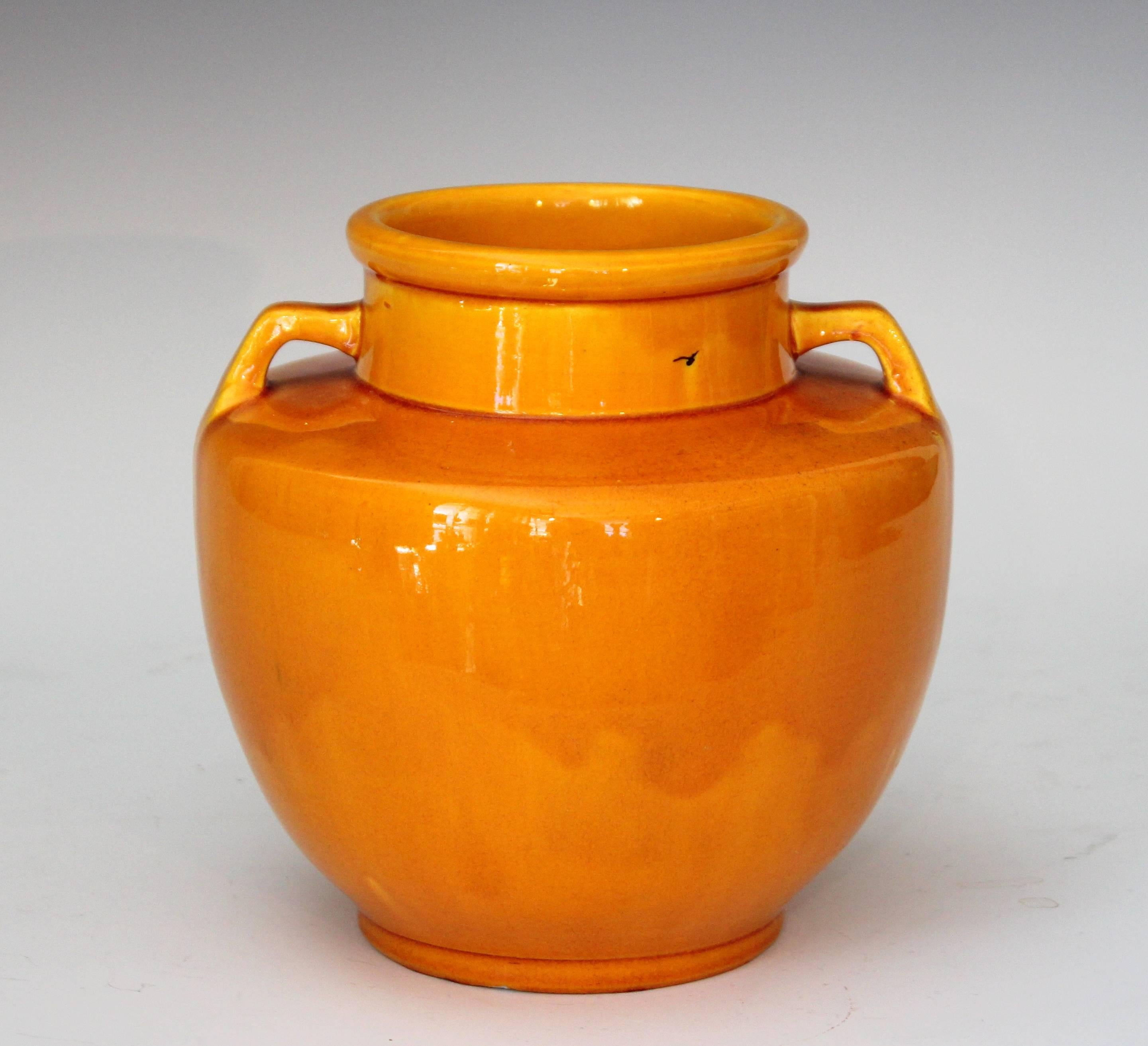 Vintage hand-turned Awaji vase with sleek Art Deco form and bright yellow glaze, circa 1930. Measures: 7 1/4