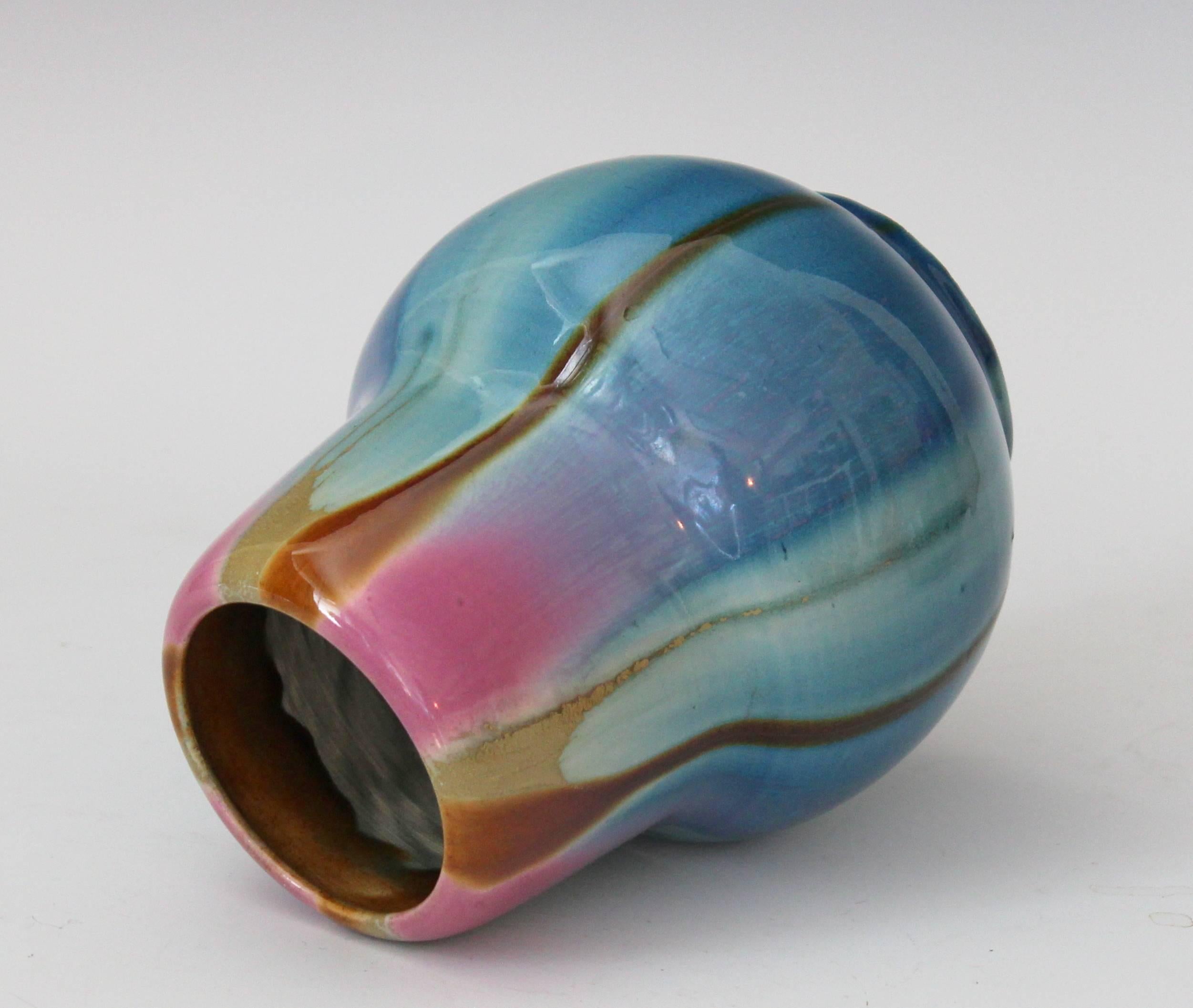 Turned Awaji Pottery Art Deco Vase in Pink and Blue Flambe Glaze For Sale