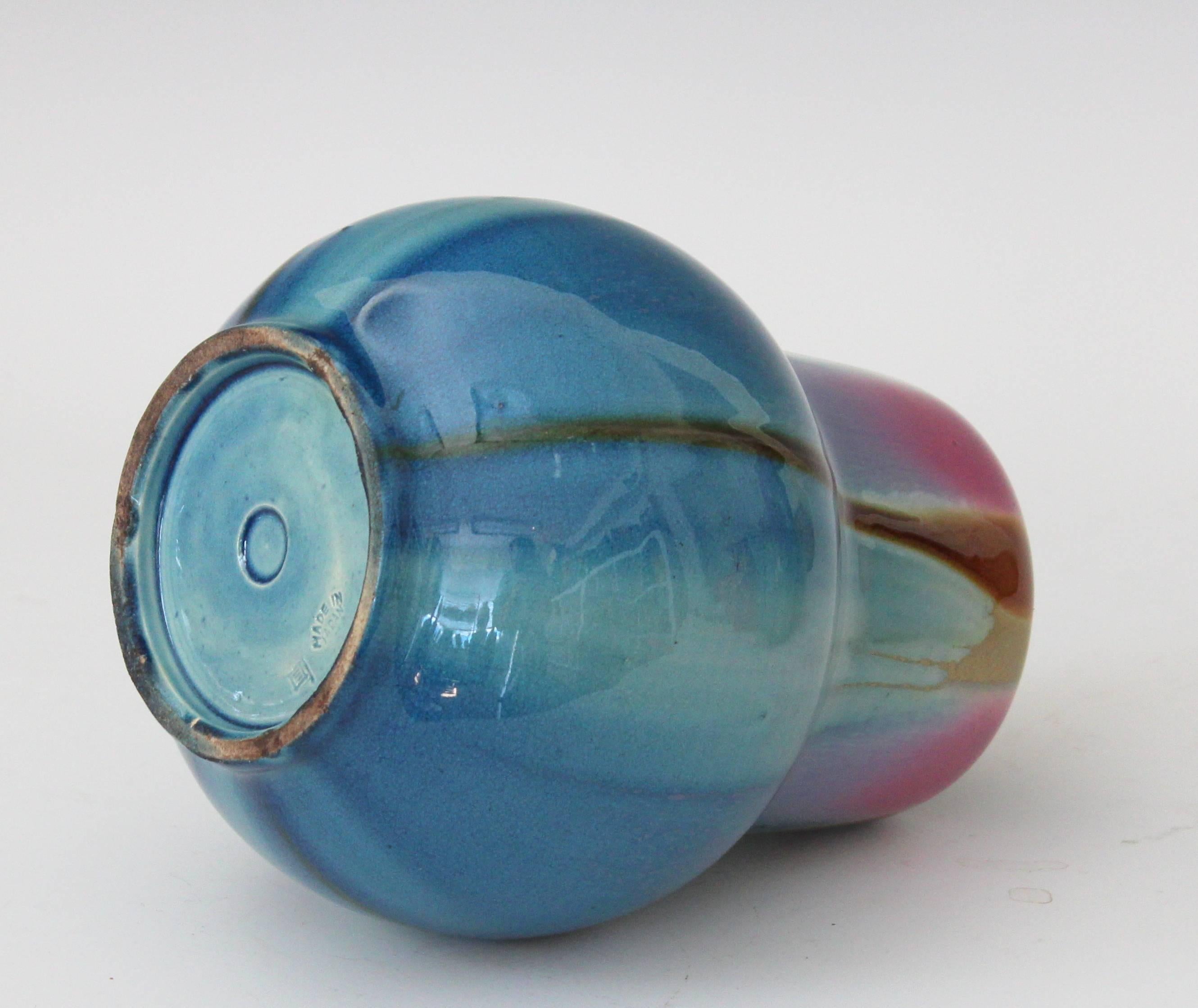 Awaji Pottery Art Deco Vase in Pink and Blue Flambe Glaze In Excellent Condition For Sale In Wilton, CT