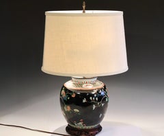 Antique Chinese Porcelain Famille Noire Black Vase Ginger Jar Lamp Label