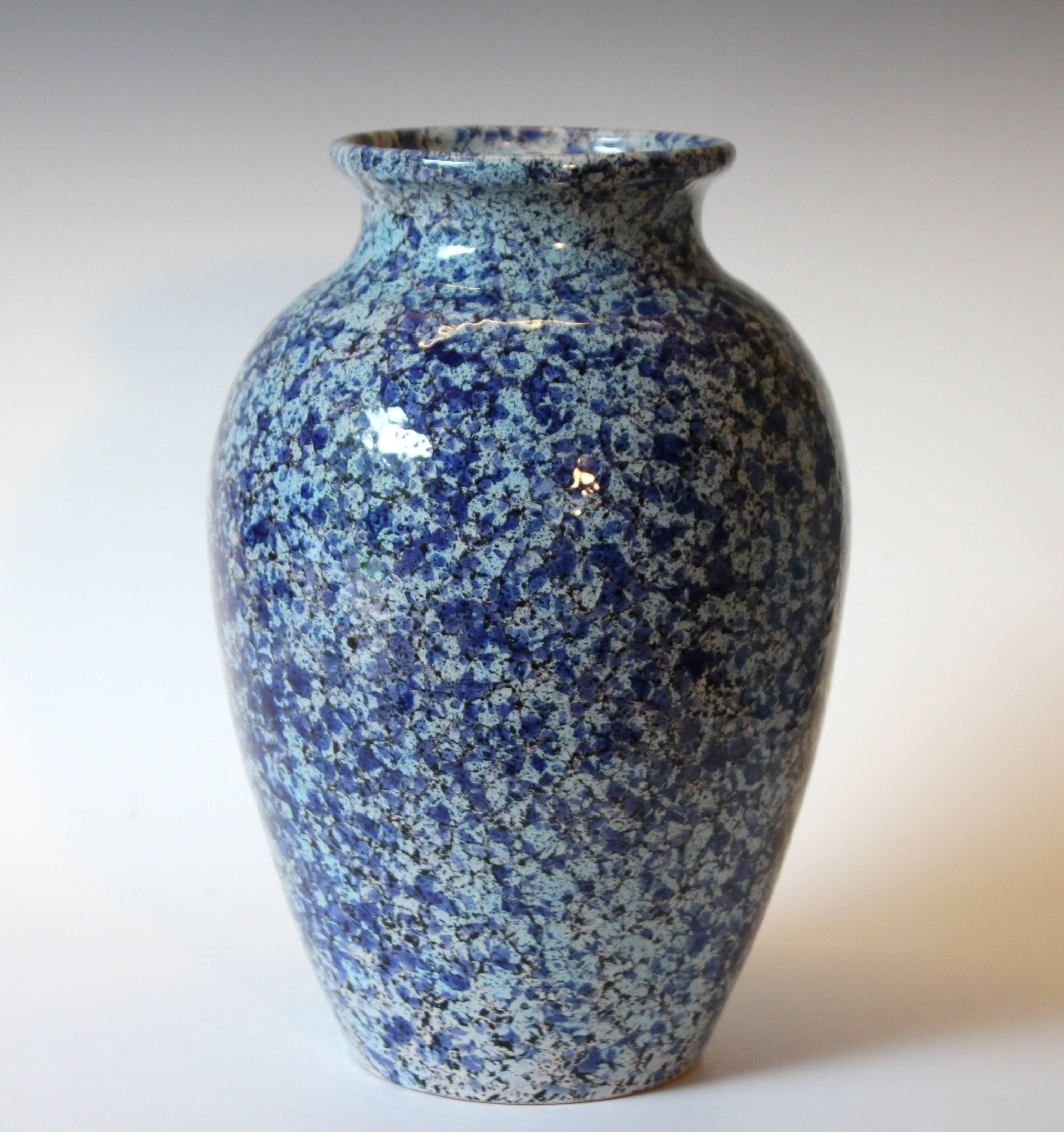 Big hand-turned Italian pottery vase in classical form with mottled blue and white glaze. Circa 1960s. Attributed to Italica Ars. With illegible paper label on base. 12