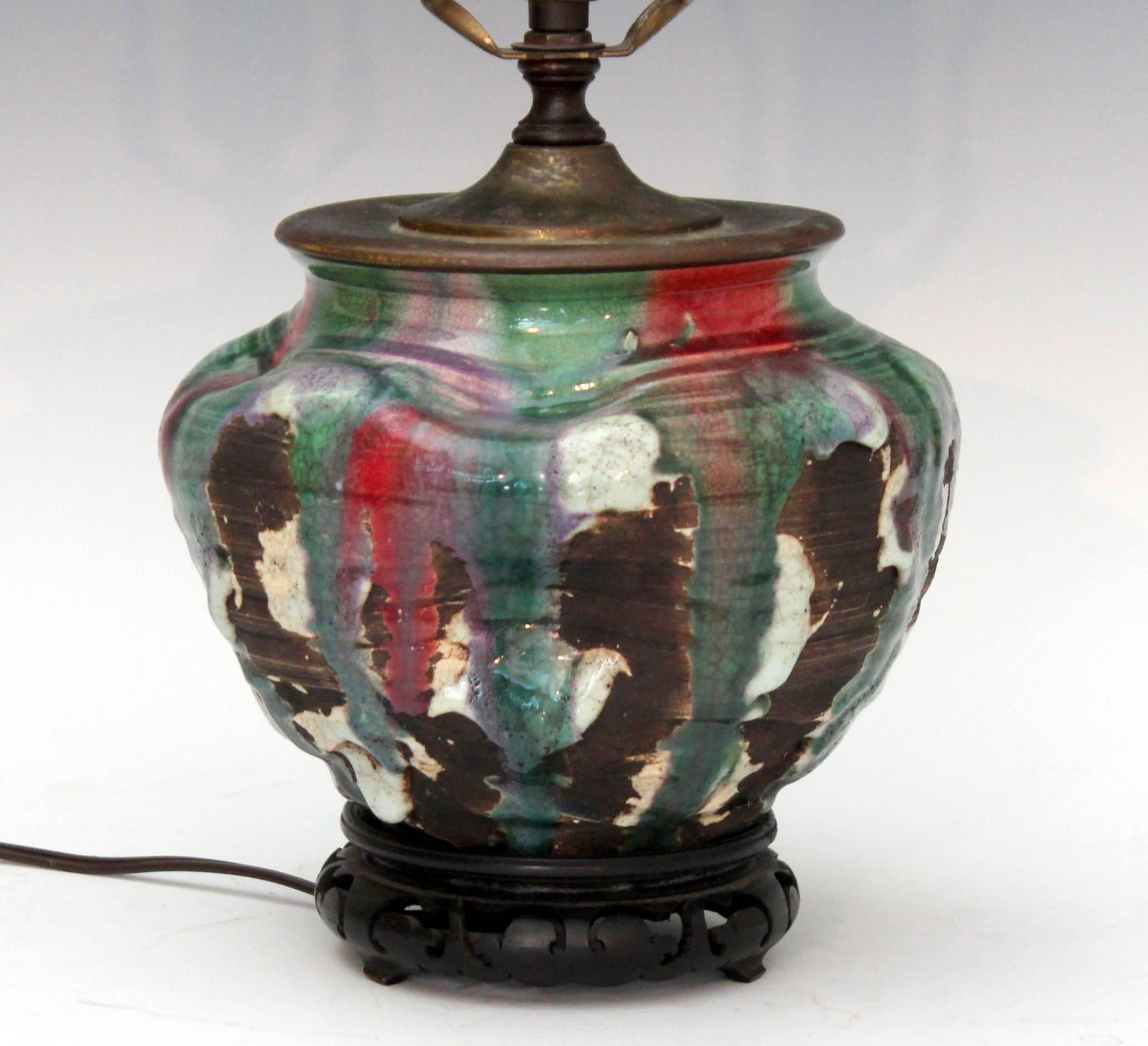 Brutalist Awaji Pottery Carved and Pinched Lamp with Volcanic Flambe Drip Glaze