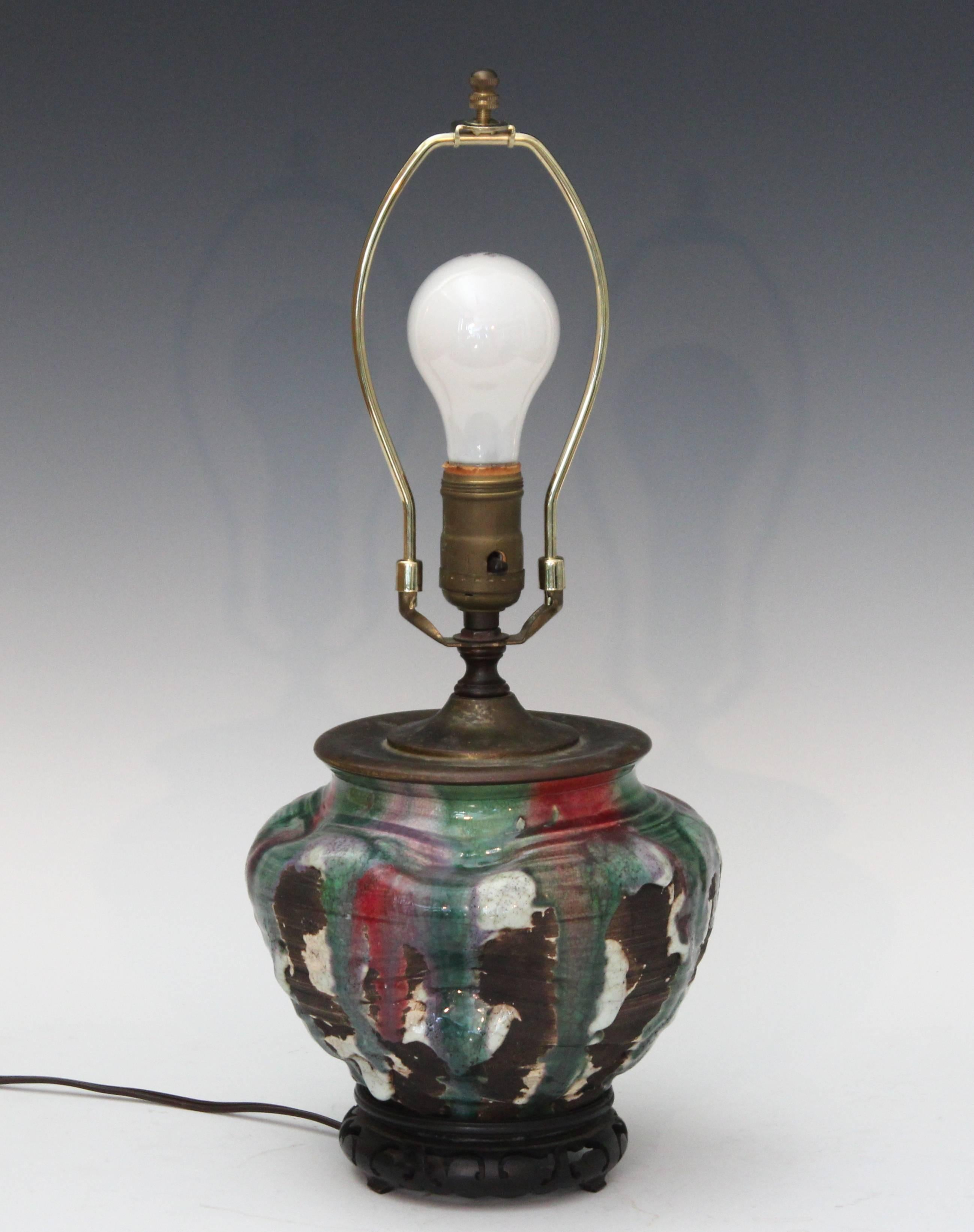 Japanese Awaji Pottery Carved and Pinched Lamp with Volcanic Flambe Drip Glaze