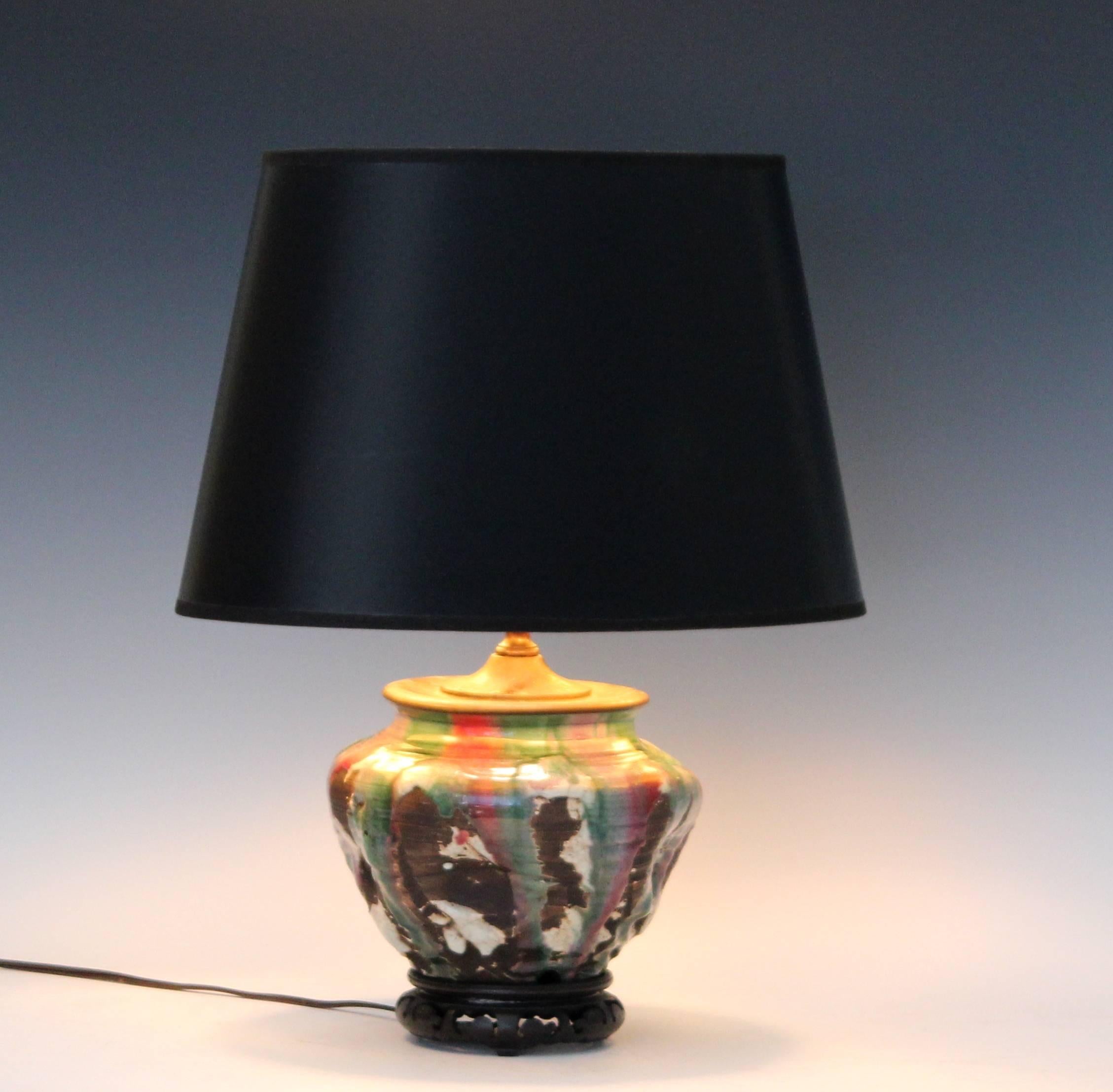 Turned Awaji Pottery Carved and Pinched Lamp with Volcanic Flambe Drip Glaze