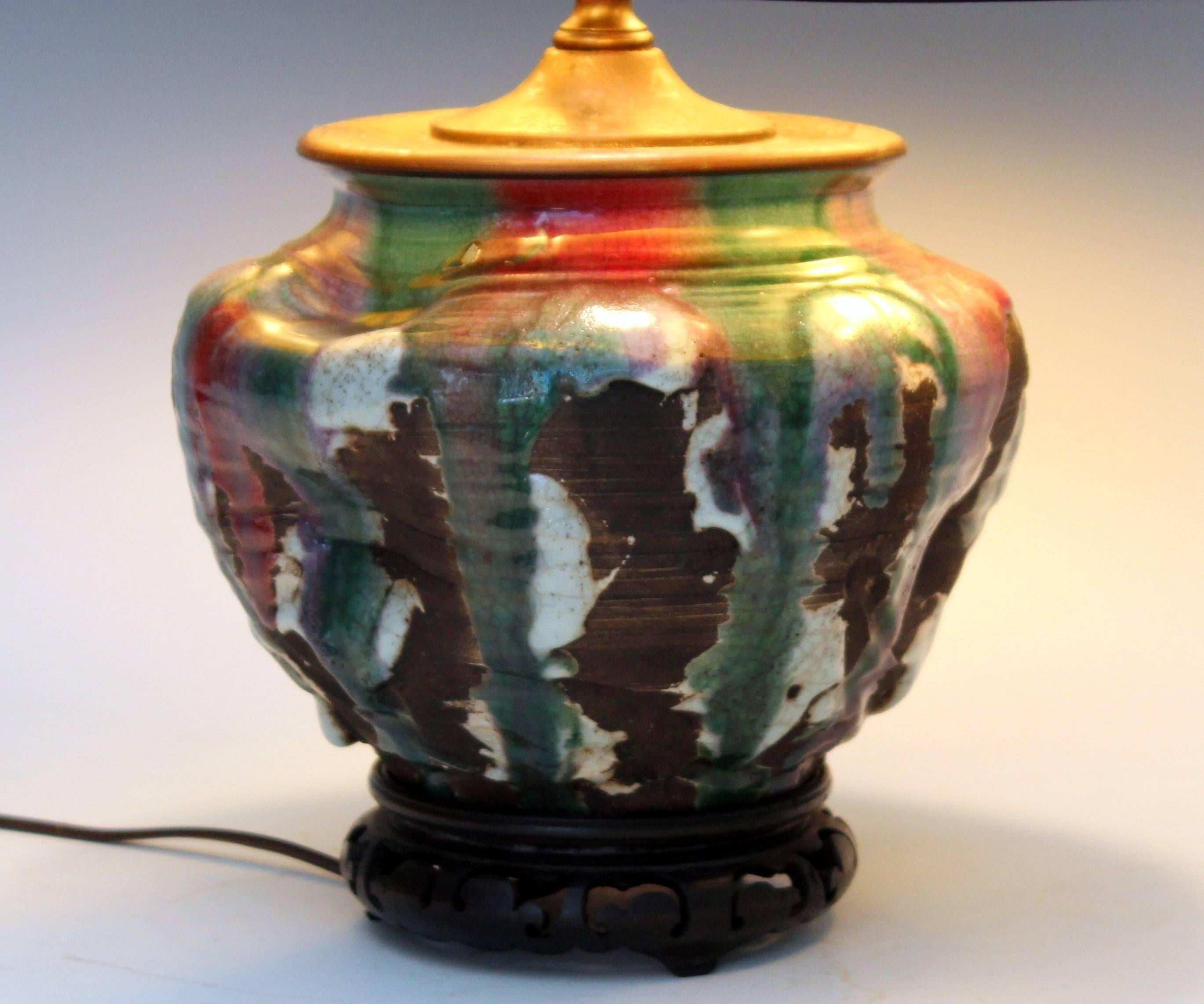 Awaji Pottery Carved and Pinched Lamp with Volcanic Flambe Drip Glaze In Excellent Condition In Wilton, CT