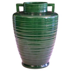 Large Antique Awaji Pottery Art Deco Green Monochrome Ripple Vase