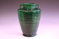 Large Antique Awaji Pottery Art Deco Green Monochrome Ripple Vase