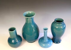 Set 4 Antique Awaji Pottery Vases in Organic Art Nouveau Forms with Blue Glazes