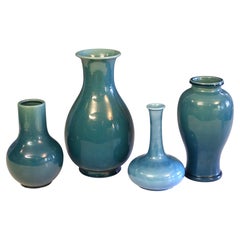 Set 4 Antique Awaji Pottery Vases in Organic Art Nouveau Forms with Blue Glazes