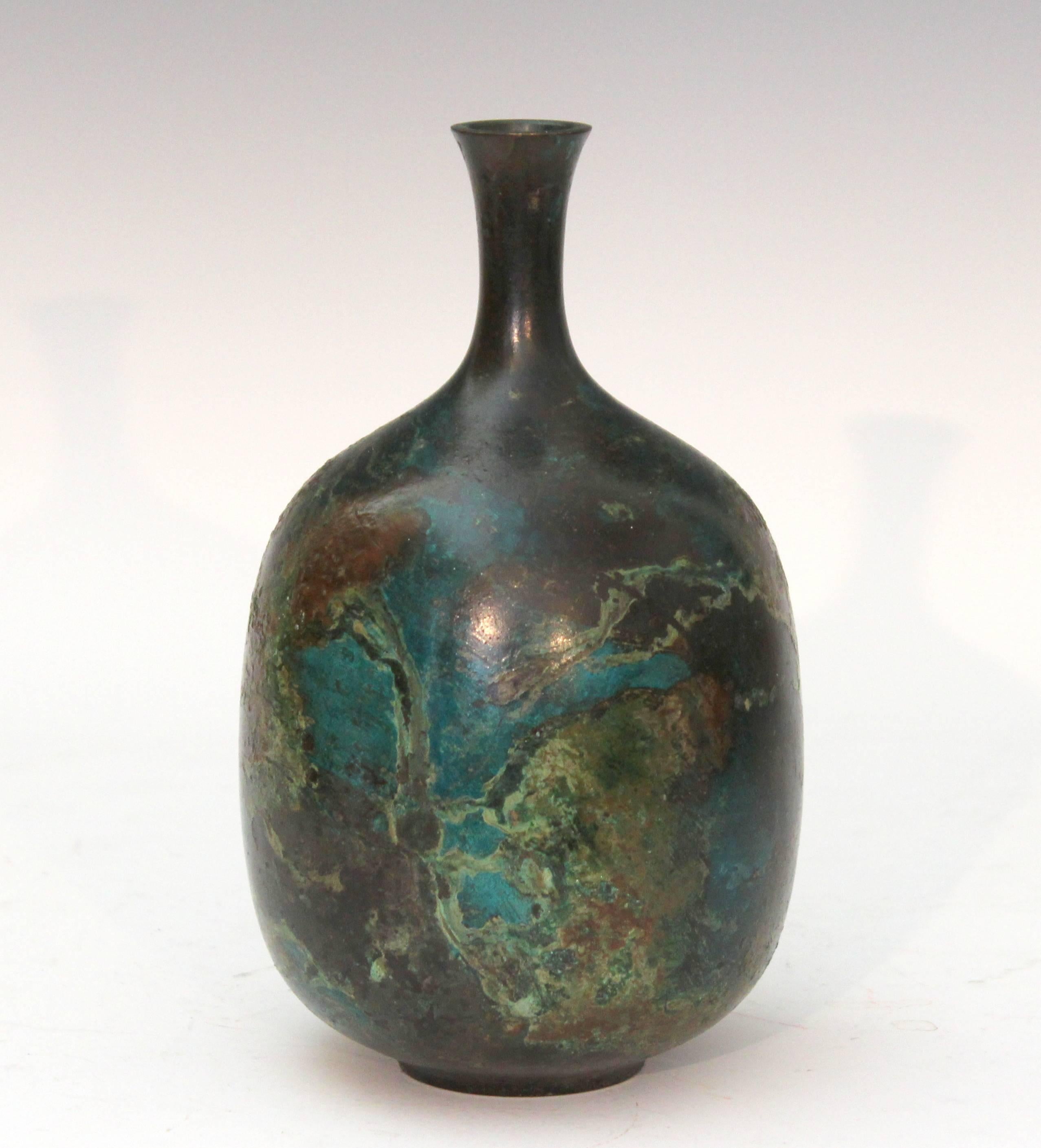 Vintage Japanese bronze bottle vase with interesting green, brown, black applied patina, circa mid-late 20th century. 7 5/8