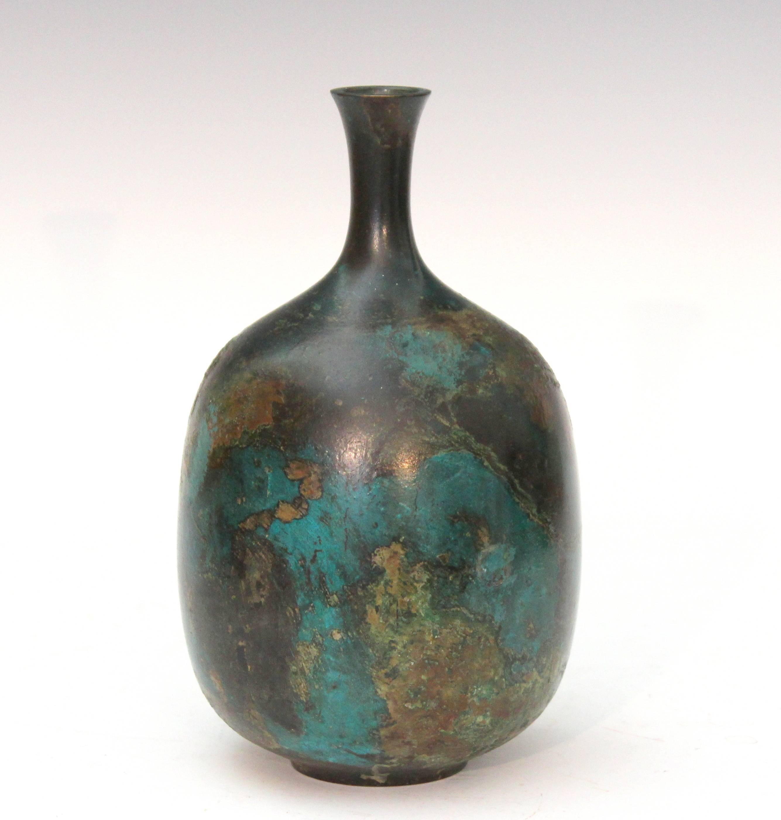 Classical Greek Vintage Japanese Green Patinated Bronze Bottle Vase