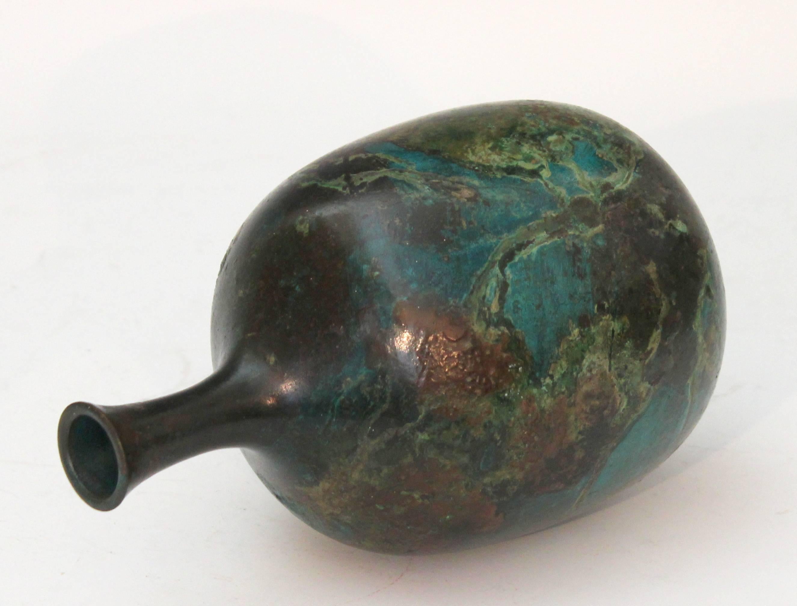 Vintage Japanese Green Patinated Bronze Bottle Vase In Excellent Condition In Wilton, CT