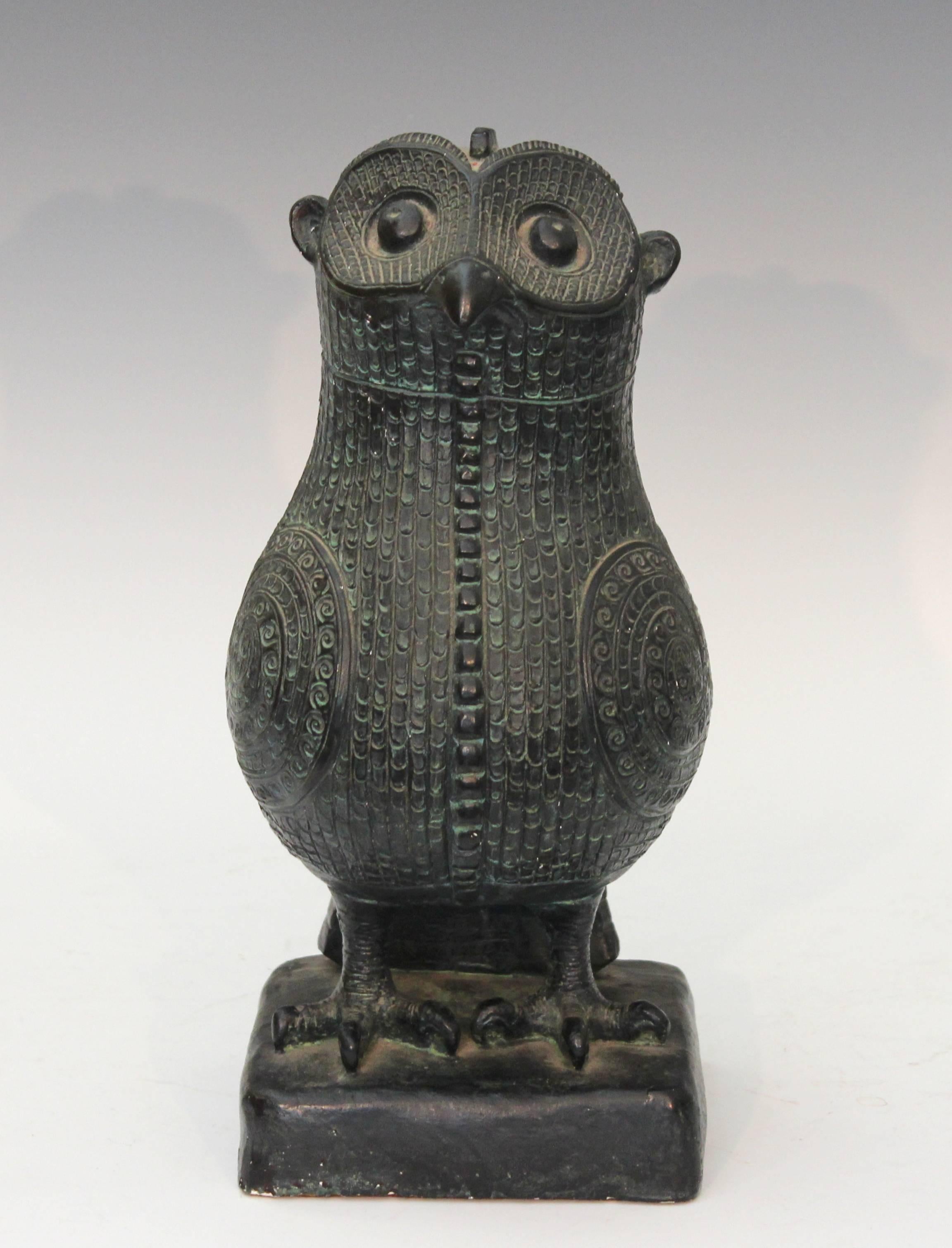 Nice quality vintage painted plaster reproduction of ancient Chinese Shang Dynasty bronze owl. By Austin Products. Dated 1965. Crisp detail with convincing black/green painted finish in the manner of James Mont. Heavy for size, seems to be solid