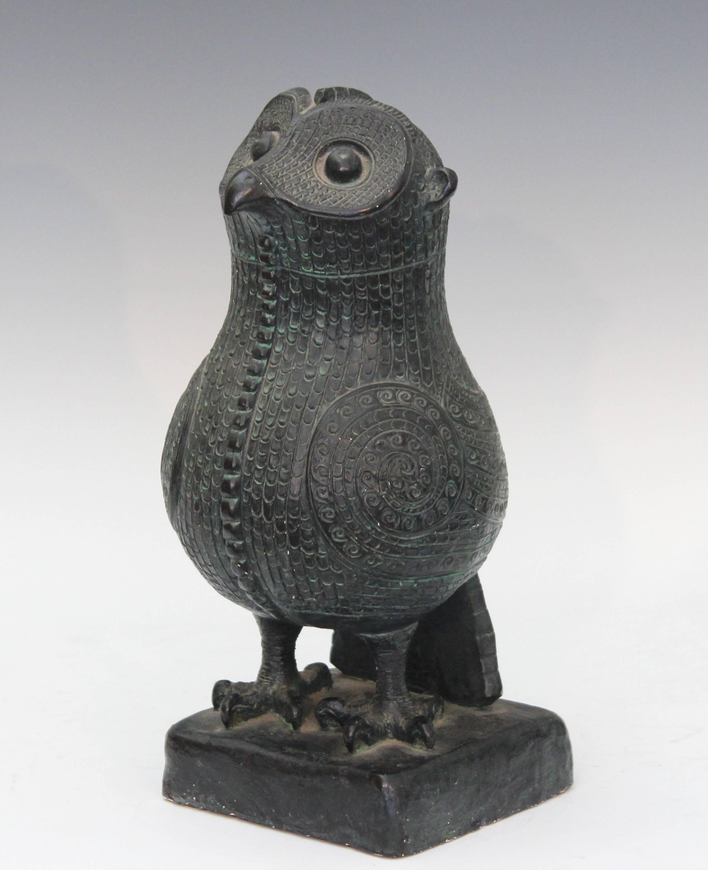 Vintage Replica Ancient Chinese Bronze Owl Sculpture In Excellent Condition In Wilton, CT