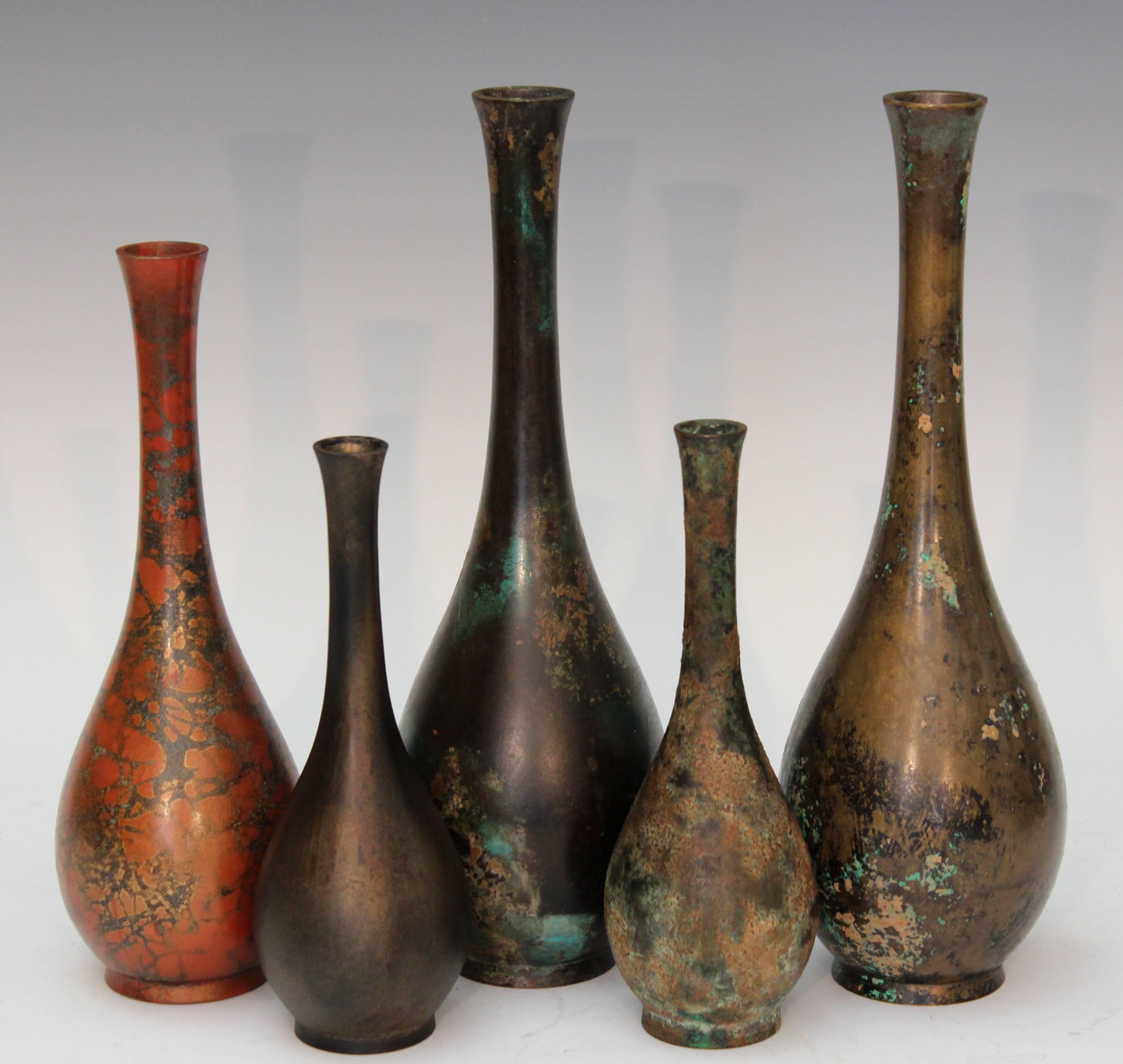 20th Century Collection of Five Vintage Japanese Patinated Bronze Bottle Vases