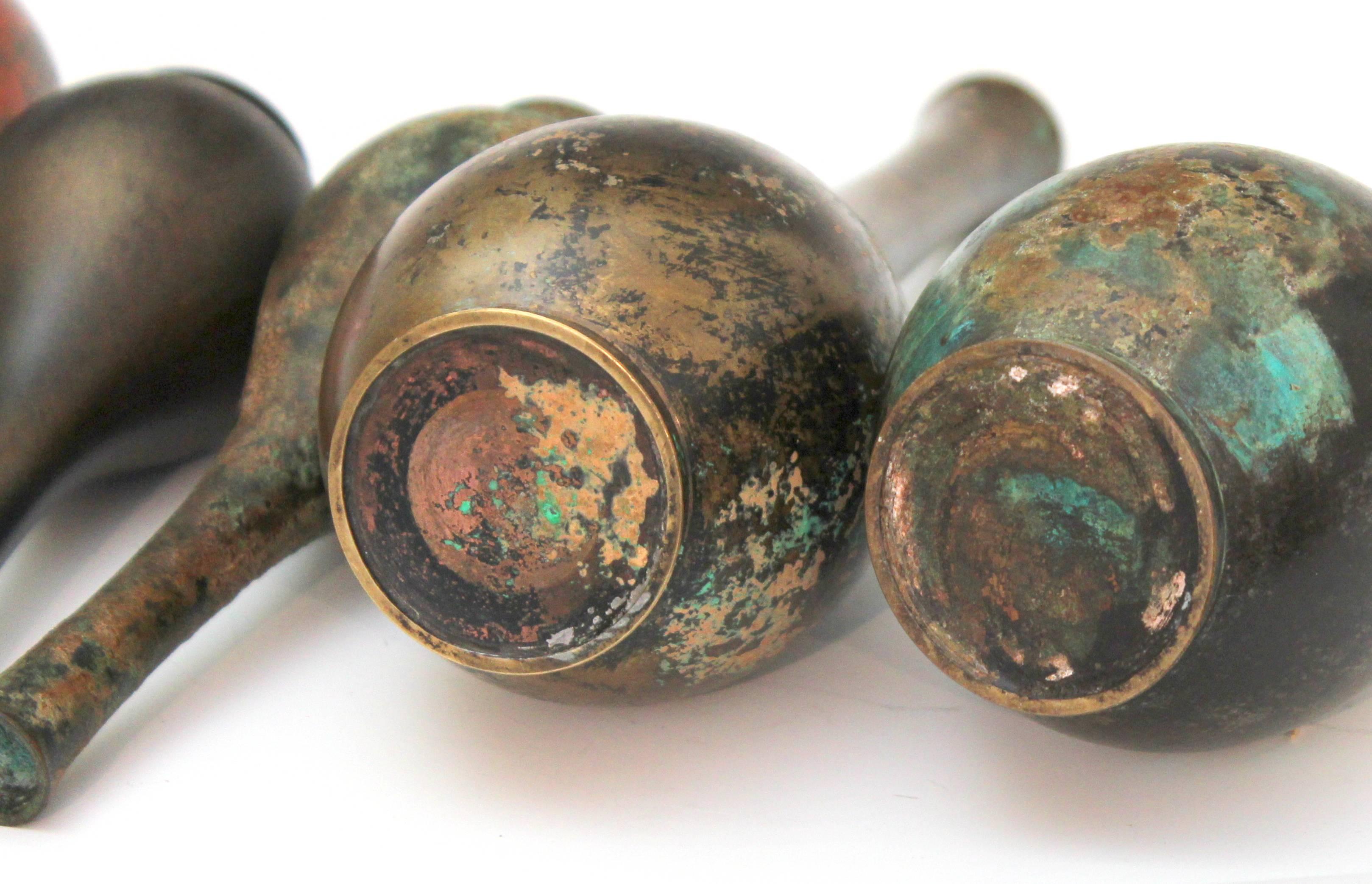 Collection of Five Vintage Japanese Patinated Bronze Bottle Vases In Excellent Condition In Wilton, CT